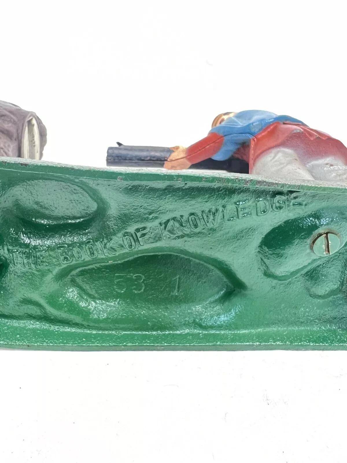Vintage Cast Iron Creedmore Book of Knowledge Mechanical Bank Reproduction For Sale 2