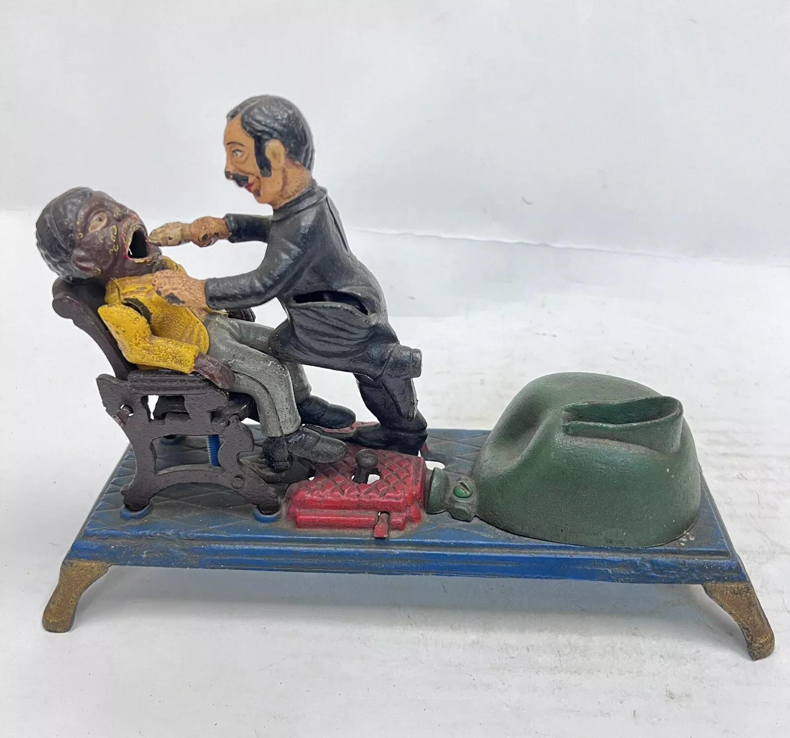 Unknown Vintage Cast Iron Dentist Chair/Pulling Teeth Mechanical Bank Book of Knowledge