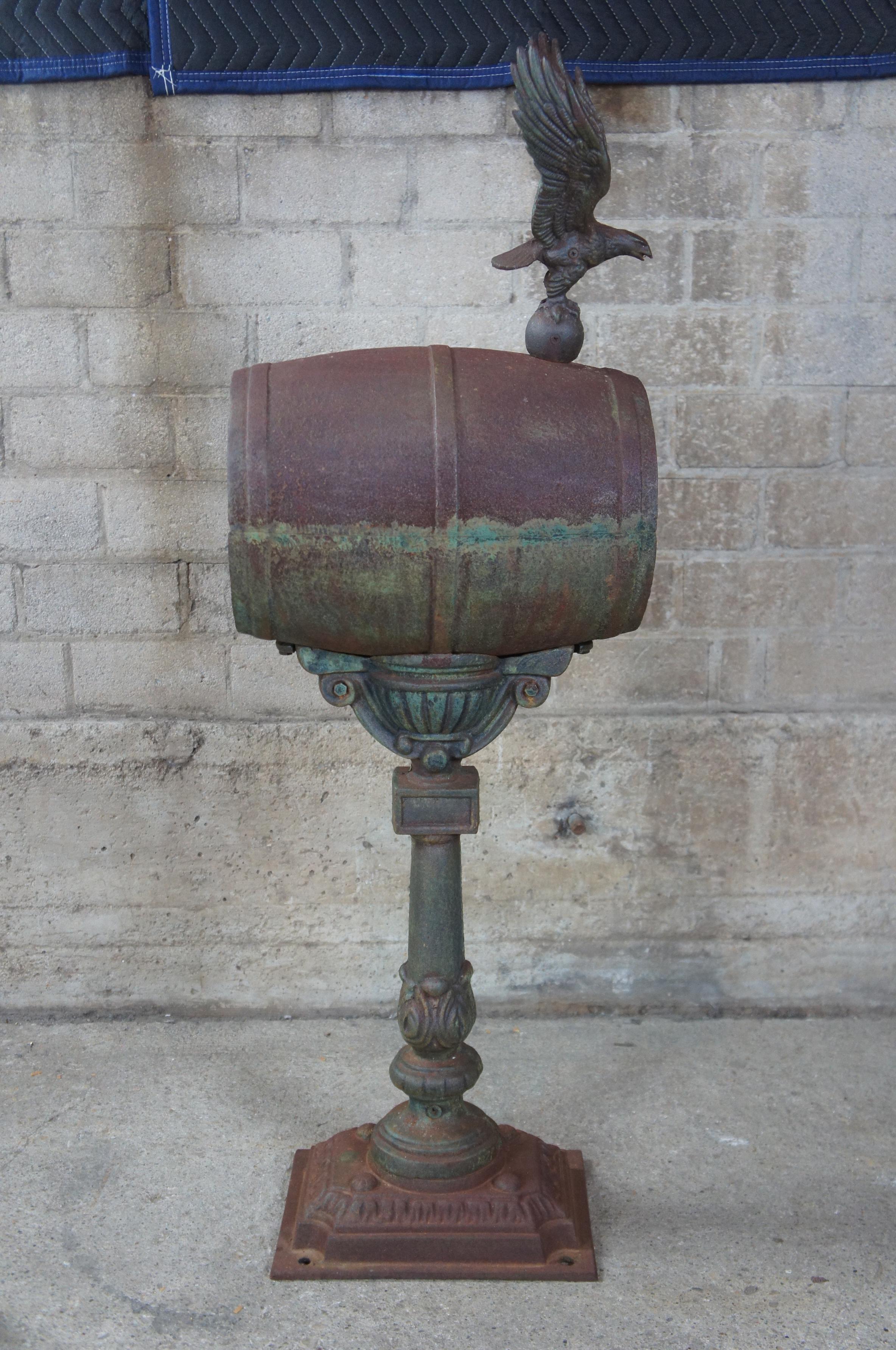 20th Century Vintage Cast Iron Free Standing Barrel Shaped Mailbox with Eagle Finial Locking