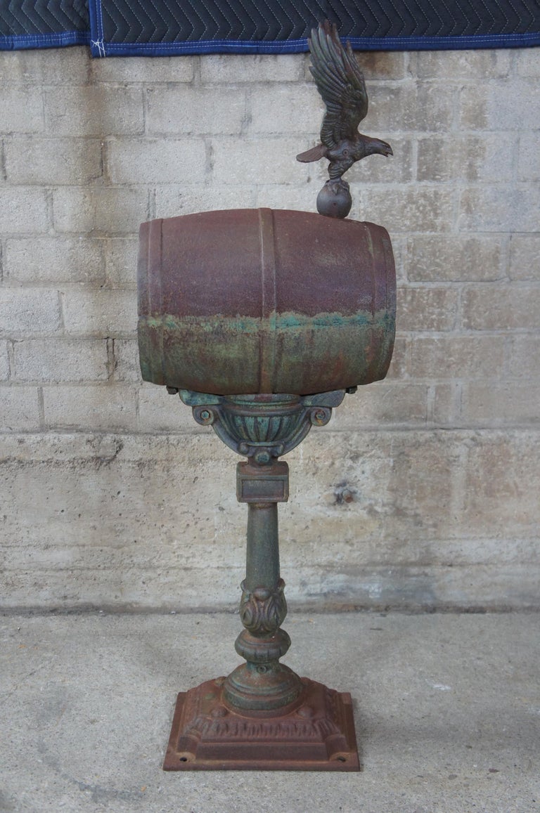 Vintage Cast Iron Free Standing Barrel Shaped Mailbox with Eagle Finial