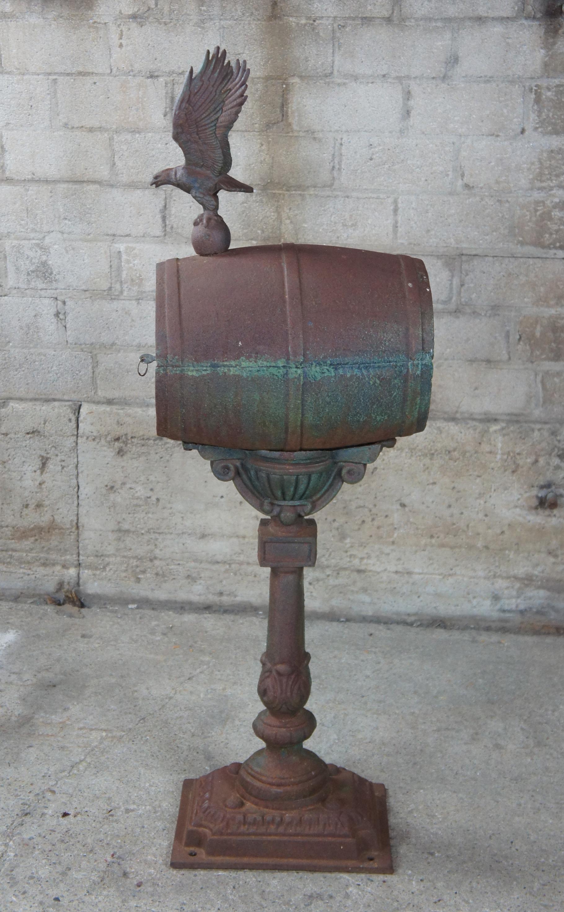Vintage Cast Iron Free Standing Barrel Shaped Mailbox with Eagle Finial Locking 2
