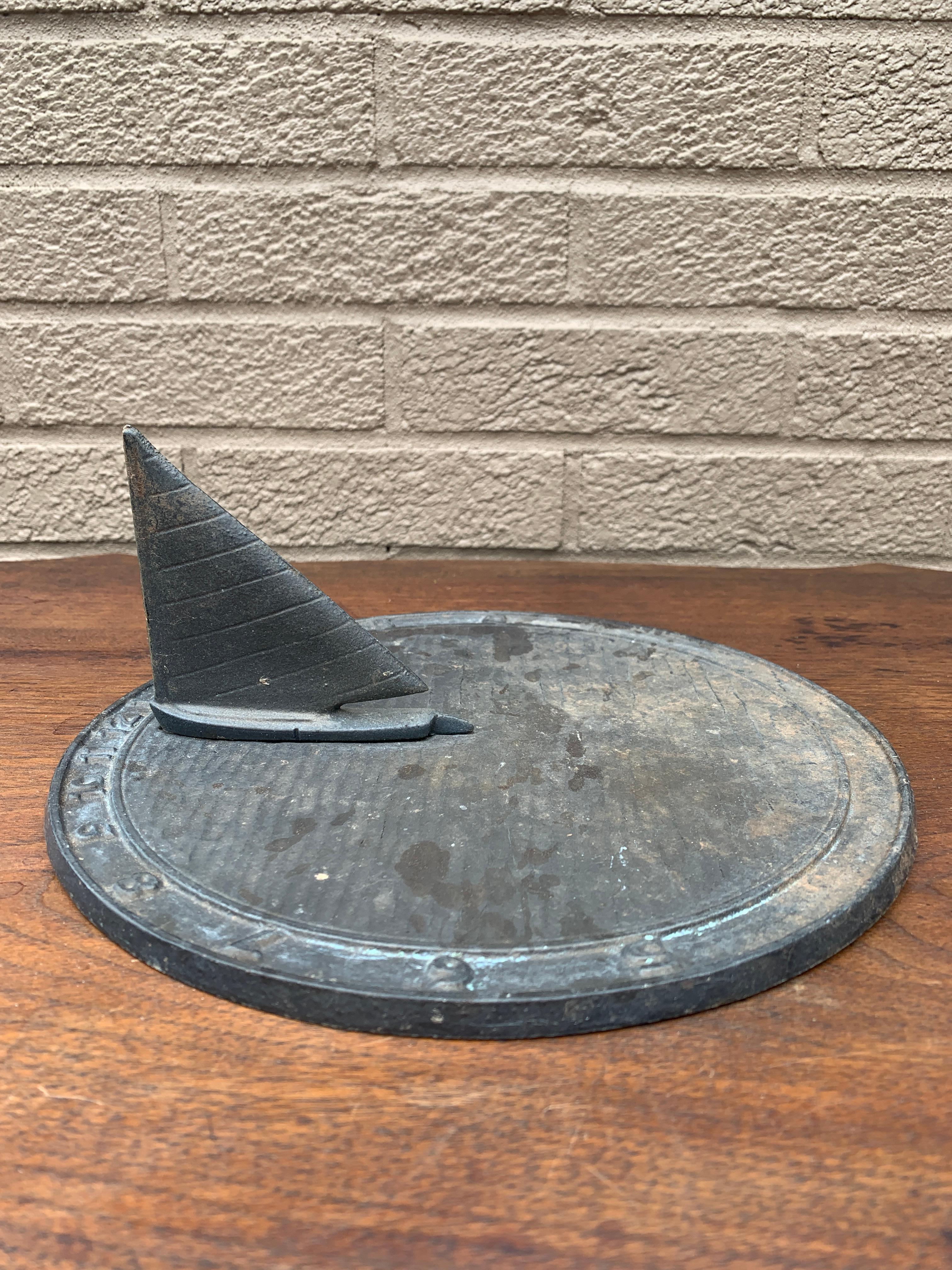 Vintage Cast Iron Garden Nautical Sail Boat Sundial In Good Condition In Elkhart, IN