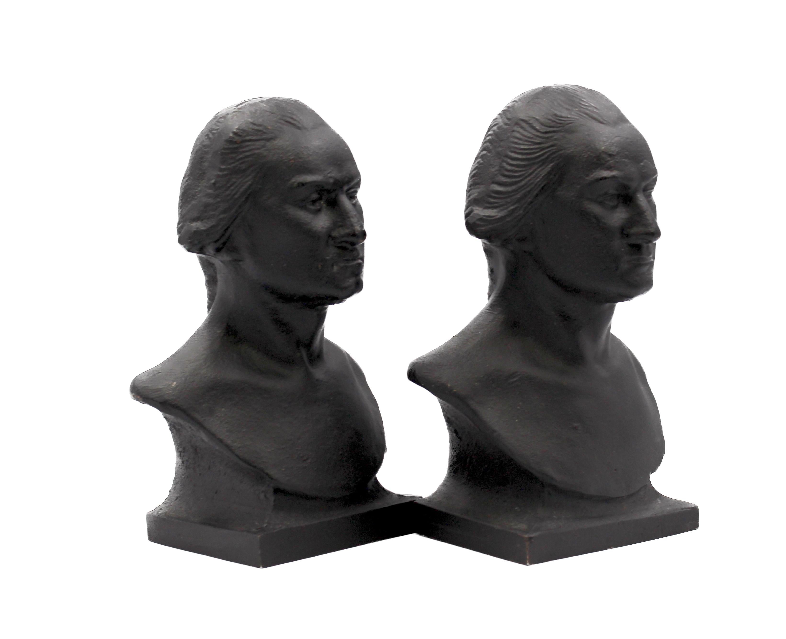 Presented is a set of vintage cast iron bookends, featuring the bust of George Washington. The head to shoulder likenesses celebrate the impressive legacy of our first President. 

The bookend set is modeled after the famous 1785 Jean-Antoine Houdon