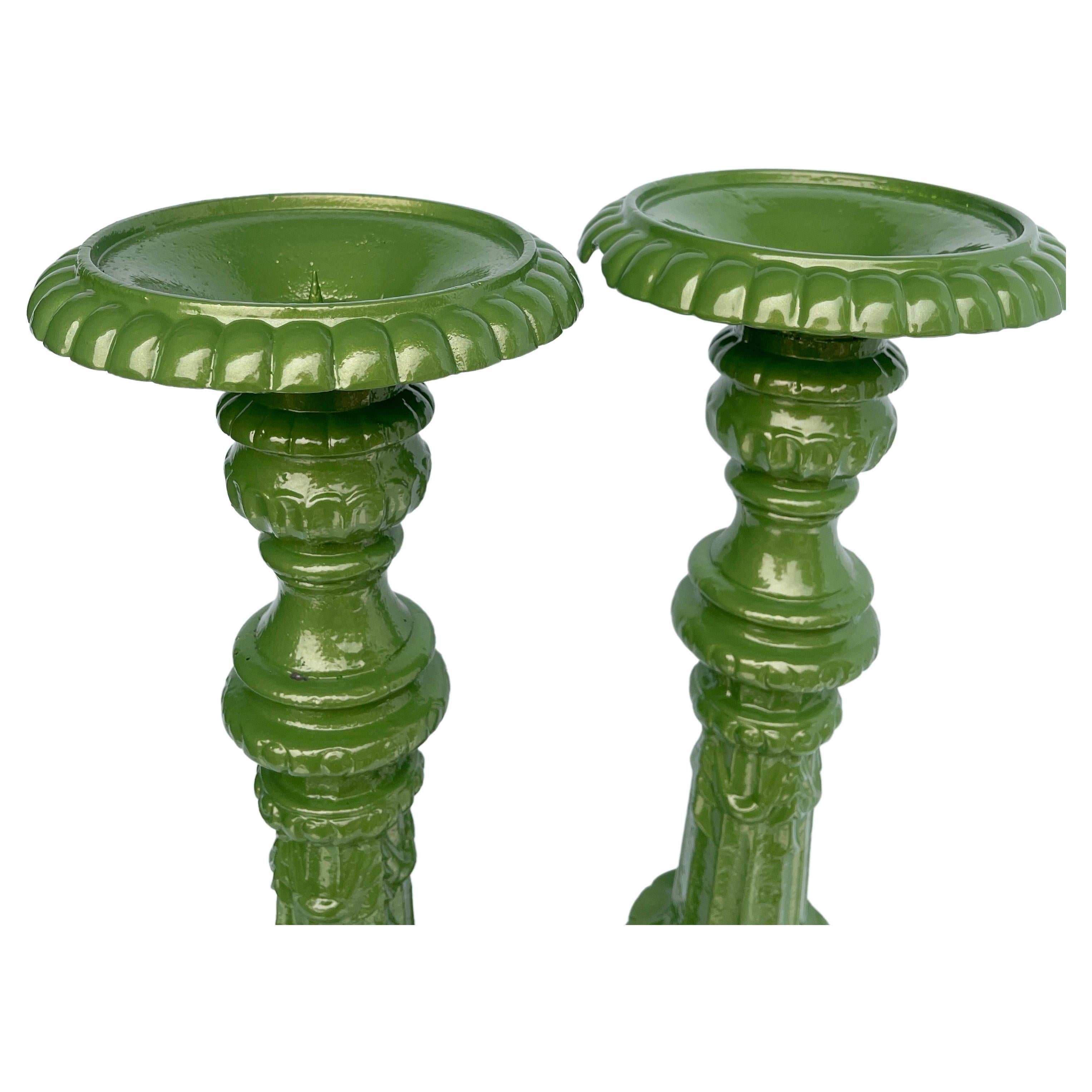Vintage Cast Iron Green Floor Table Candle Holders, Powder-Coated  For Sale 3