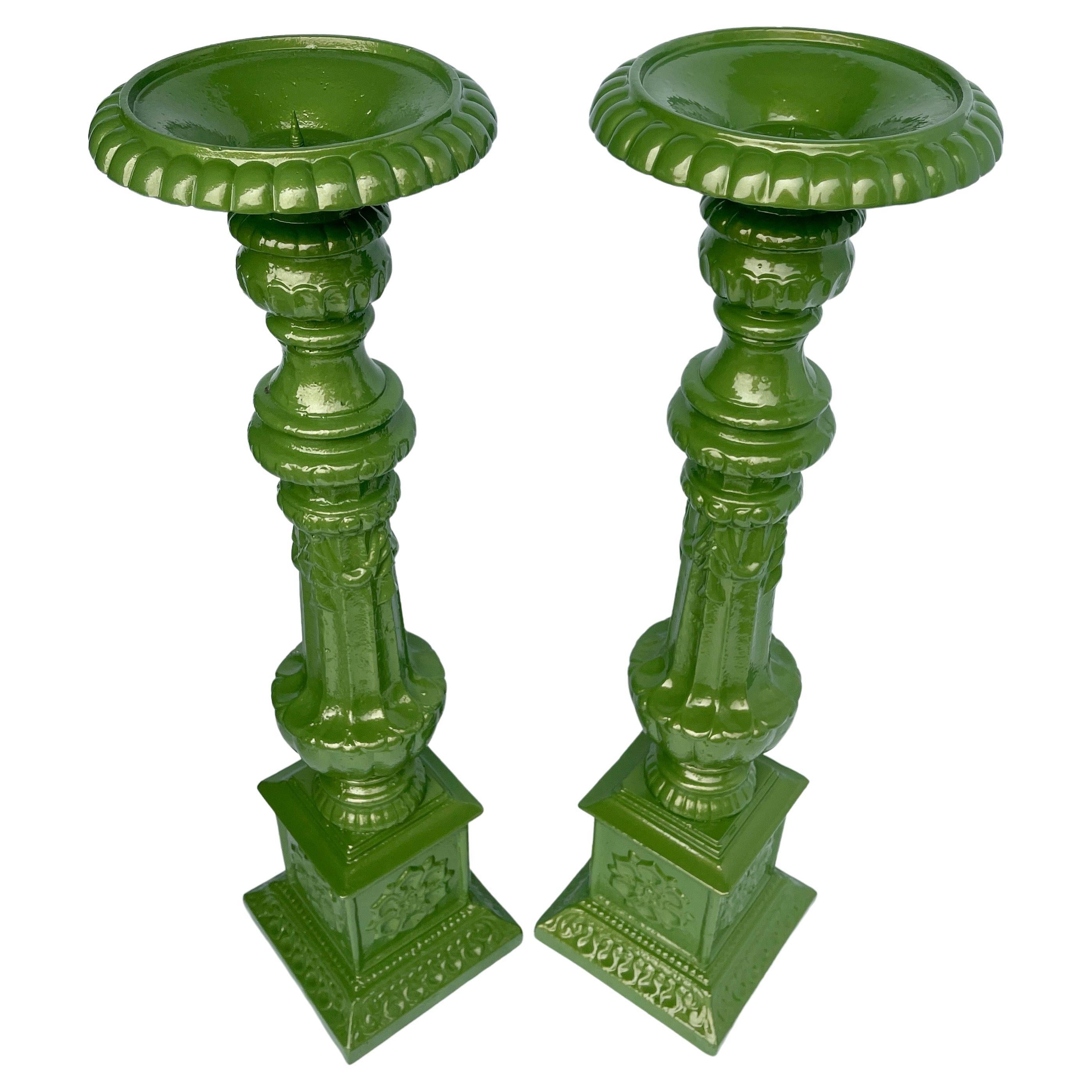 Vintage Cast Iron Green Floor Table Candle Holders, Powder-Coated  For Sale 7
