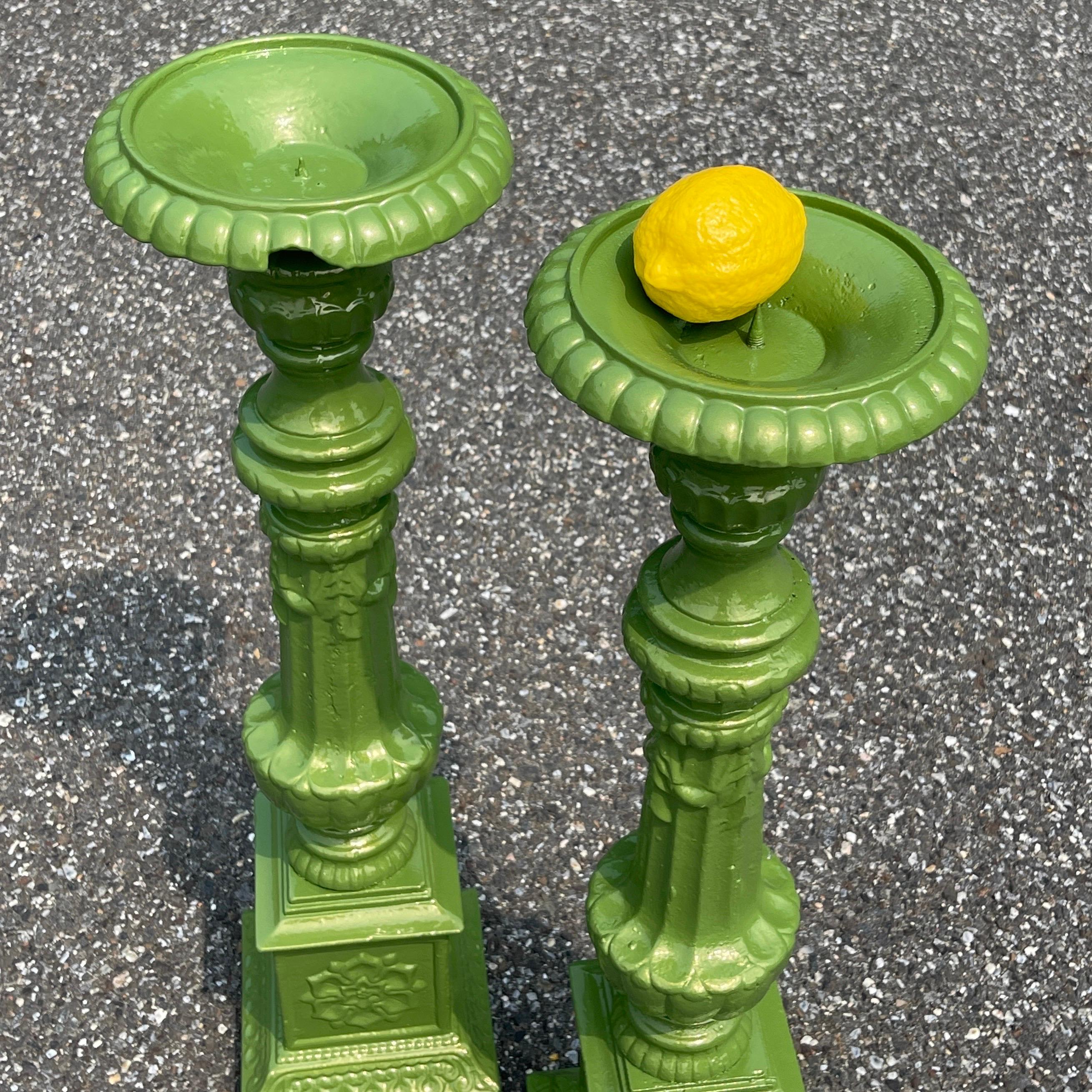 Vintage Cast Iron Green Floor Table Candle Holders, Powder-Coated  For Sale 14