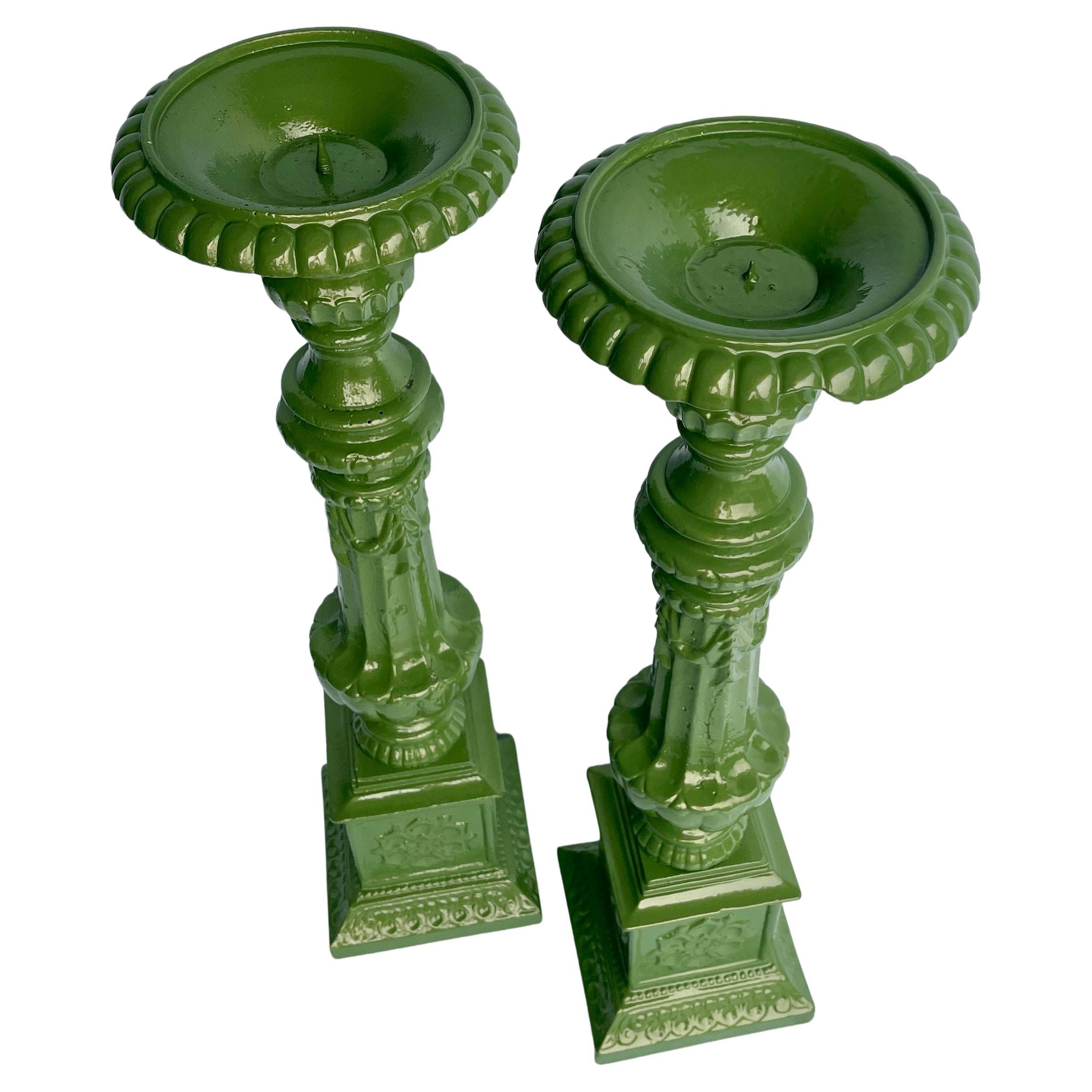 20th Century Vintage Cast Iron Green Floor Table Candle Holders, Powder-Coated  For Sale