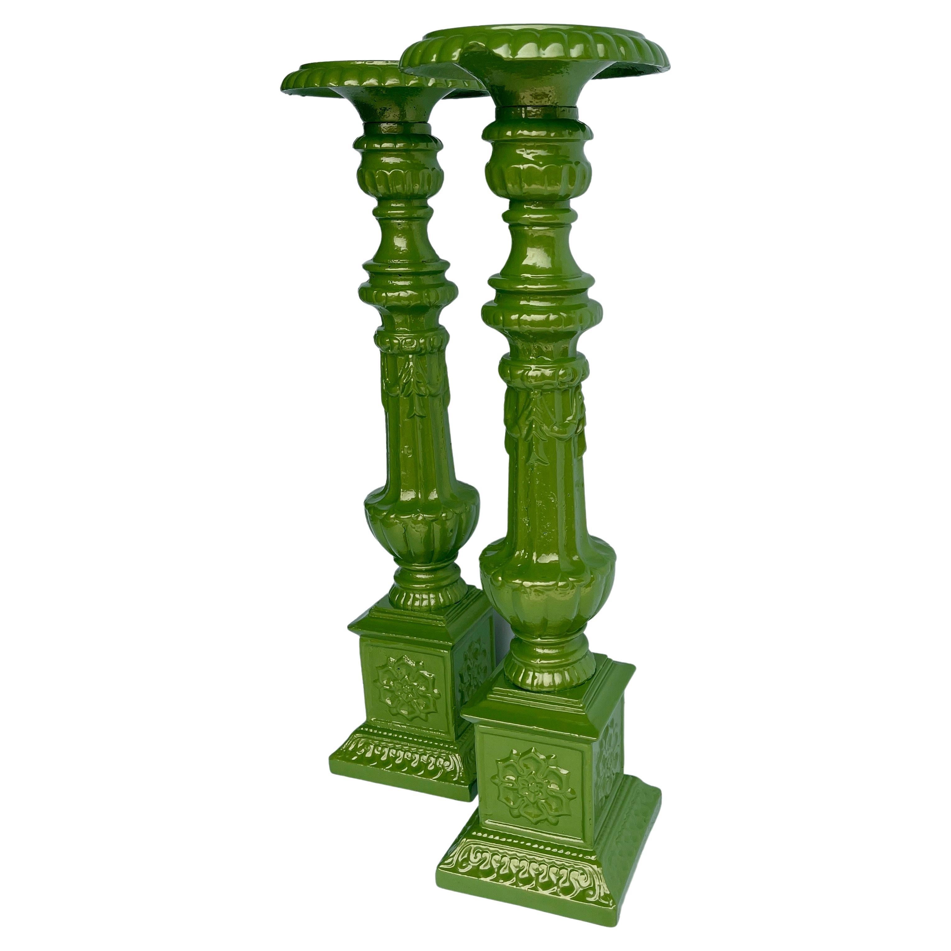Vintage Cast Iron Green Floor Table Candle Holders, Powder-Coated  For Sale 2