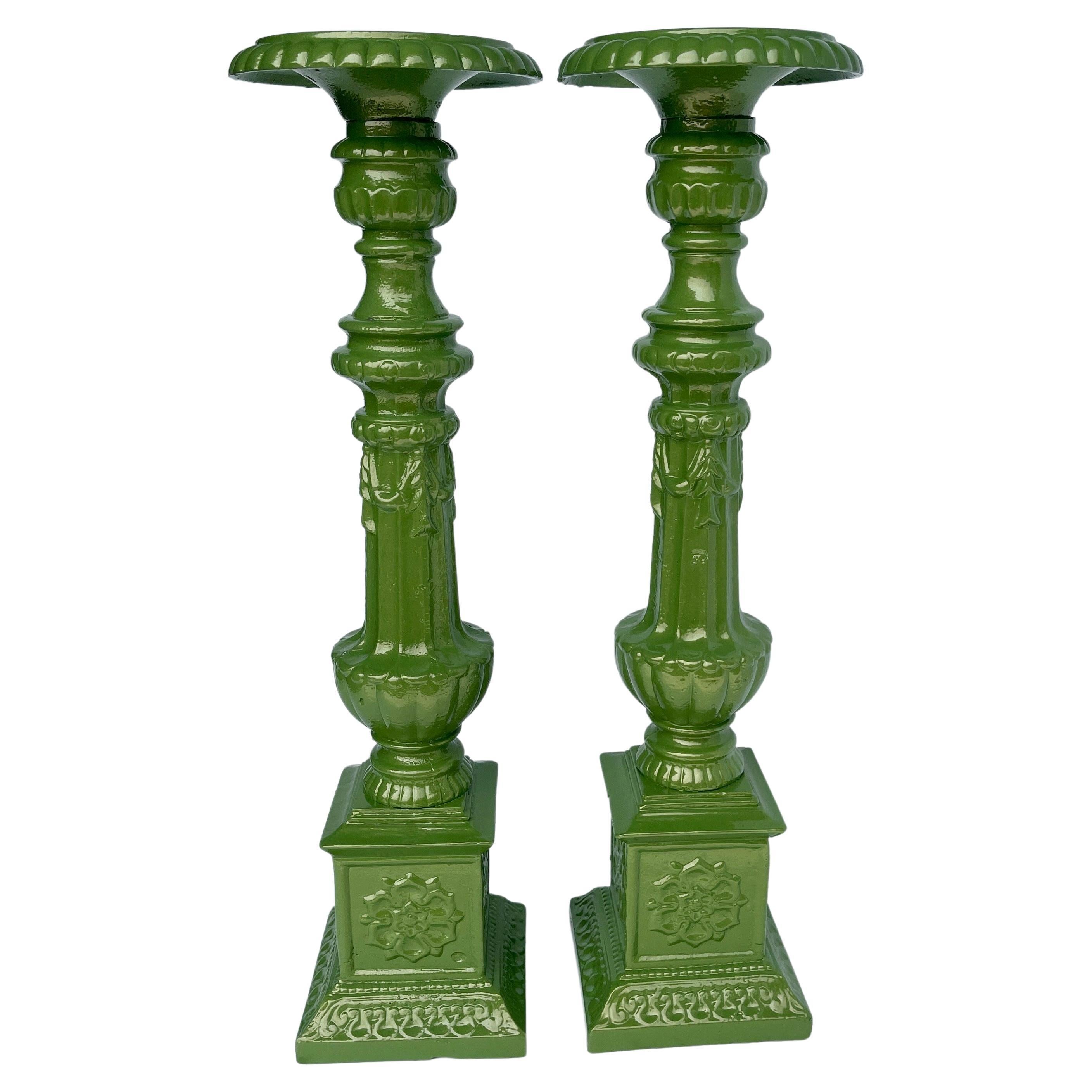 Vintage Cast Iron Green Floor Table Candle Holders, Powder-Coated  For Sale