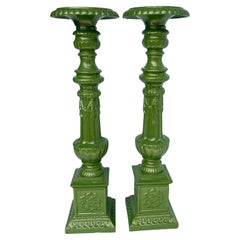 Antique Cast Iron Green Floor Table Candle Holders, Powder-Coated 
