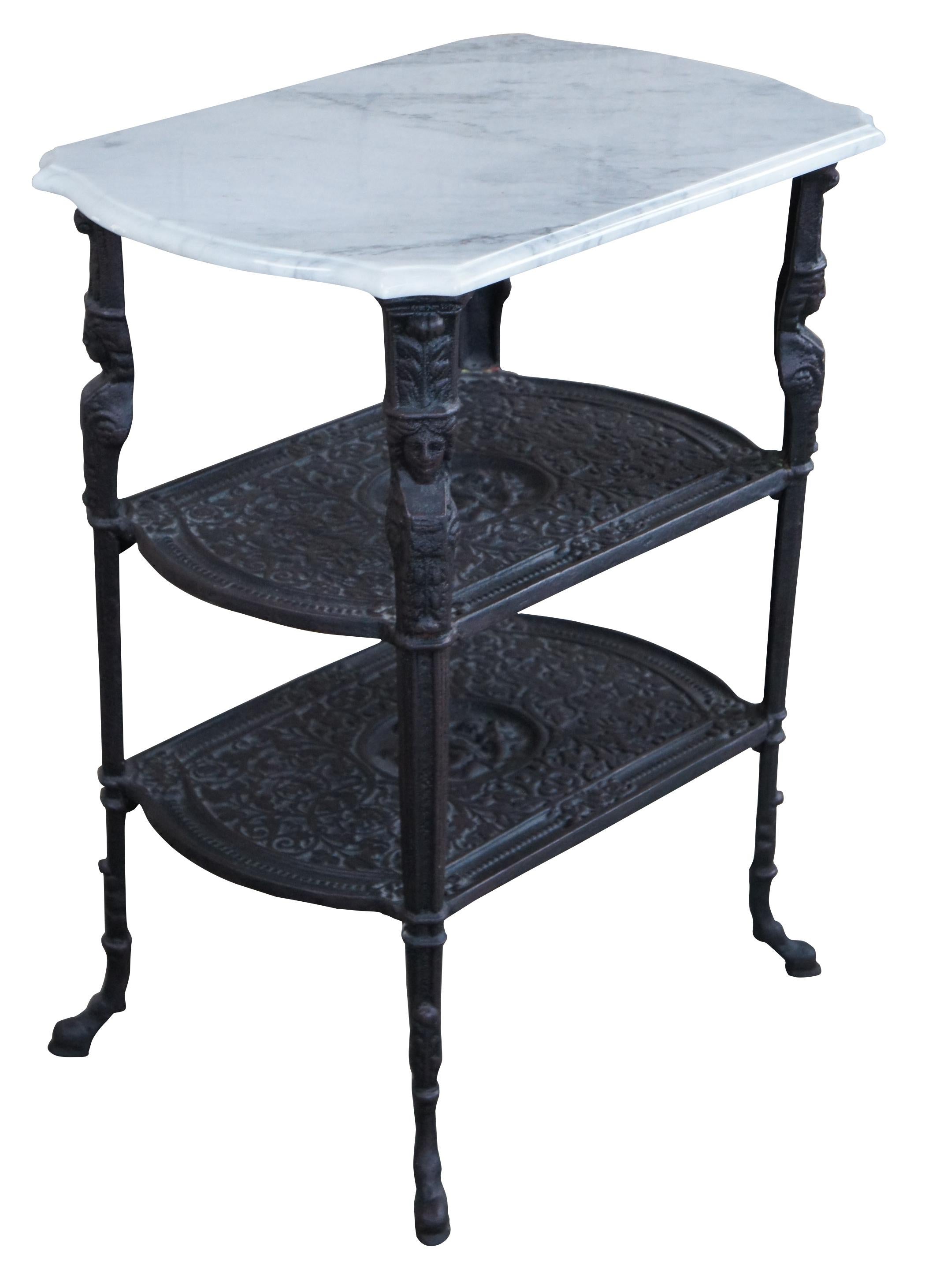 Vintage Cast Iron Marble 3 Tier Egyptian Revival Caryatid Parlor Side Table  In Good Condition In Dayton, OH