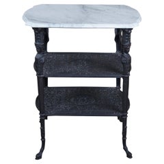 Vintage Cast Iron Marble 3 Tier Egyptian Revival Caryatid Parlor Side Table