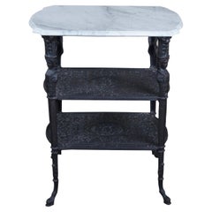 Retro Cast Iron Marble 3 Tier Egyptian Revival Caryatid Parlor Side Table 