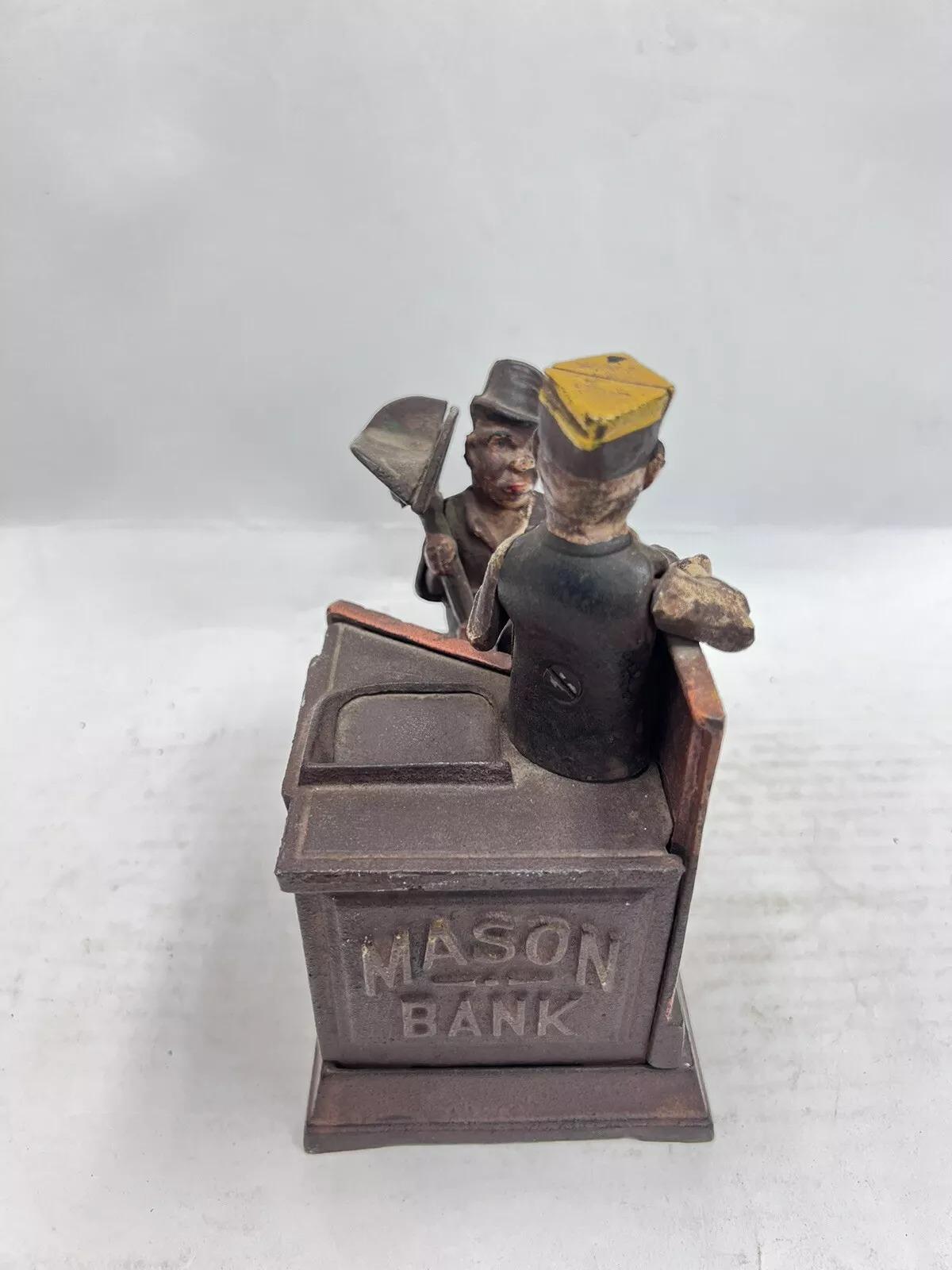 Unknown Vintage Cast Iron Mason and Hod Carrier Bank Coin Piggy Bank Taiwan Reproduction For Sale
