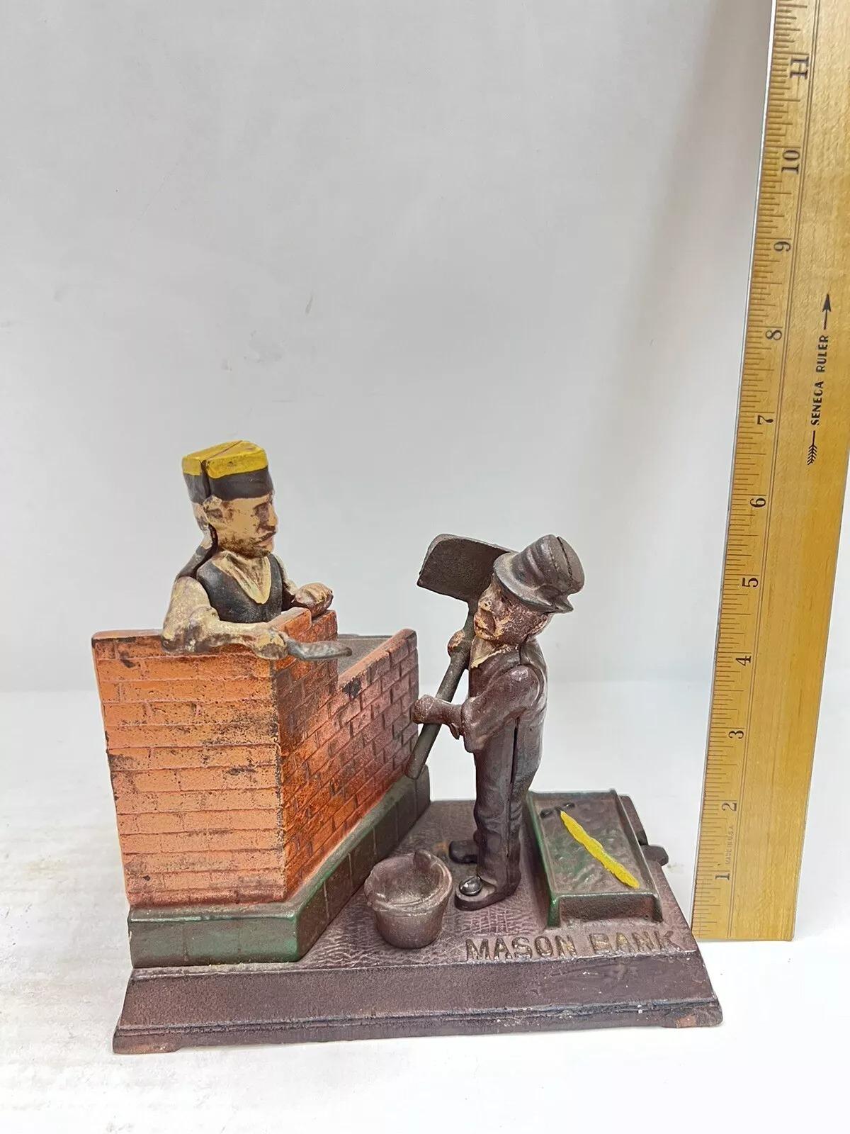 Vintage Cast Iron Mason and Hod Carrier Bank Coin Piggy Bank Taiwan Reproduction For Sale 1