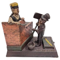 Vintage Cast Iron Mason and Hod Carrier Bank Coin Piggy Bank Taiwan Reproduction
