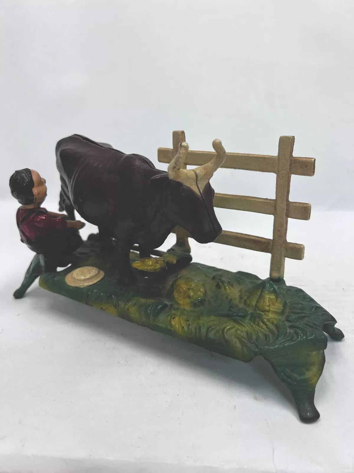 Art Deco Vintage Cast Iron Mechanical Bank Book of Knowledge Kicking Milking Cow For Sale