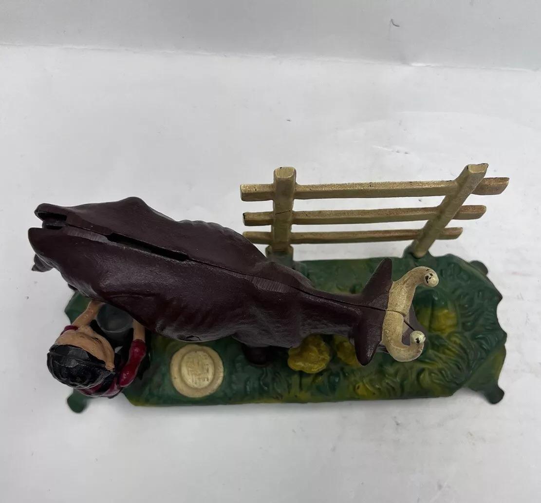 Unknown Vintage Cast Iron Mechanical Bank Book of Knowledge Kicking Milking Cow For Sale