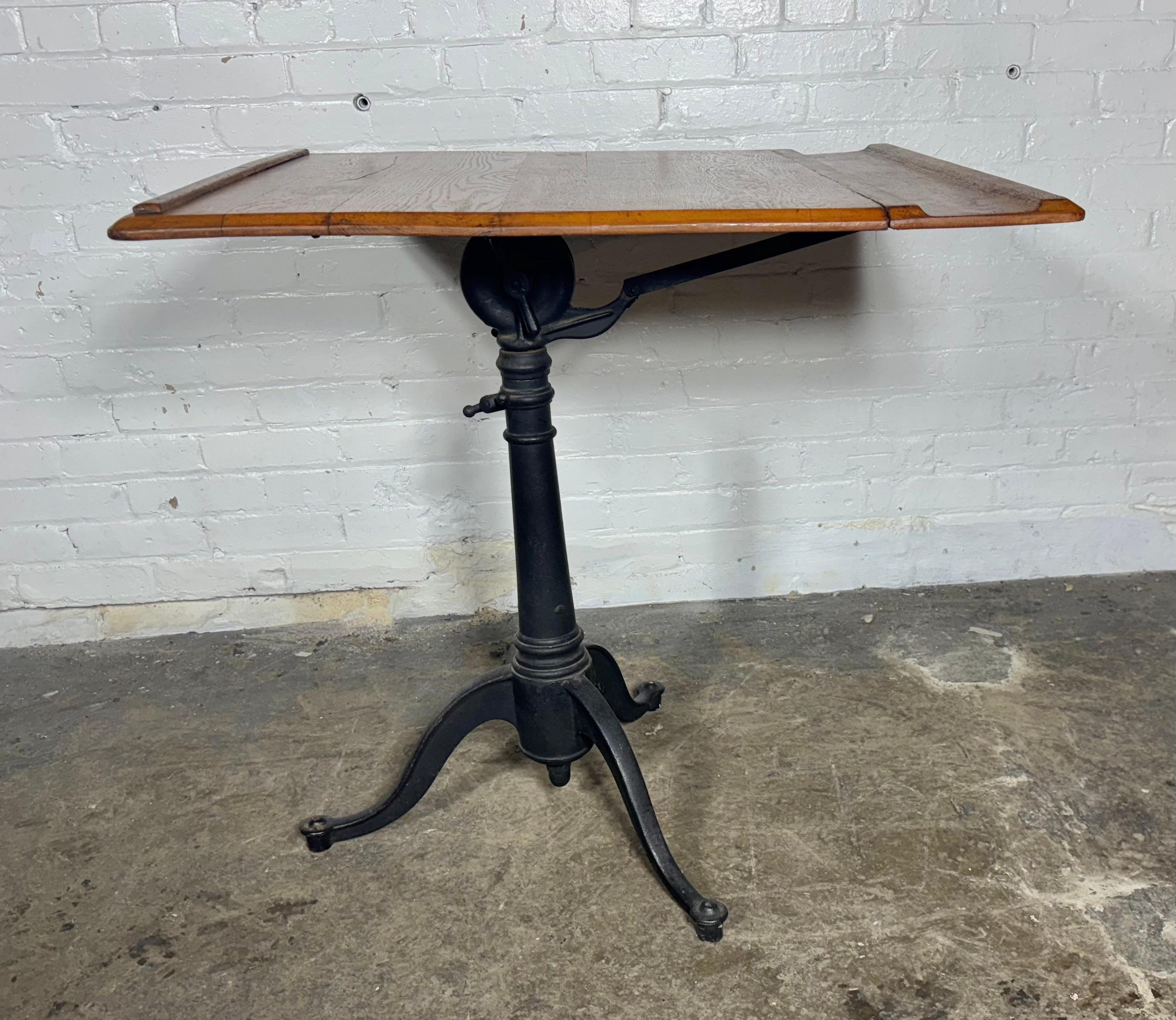 Vintage Cast Iron & Oak  Articulating Tripod Base Drafting Table , TILT / SWIVEL 6