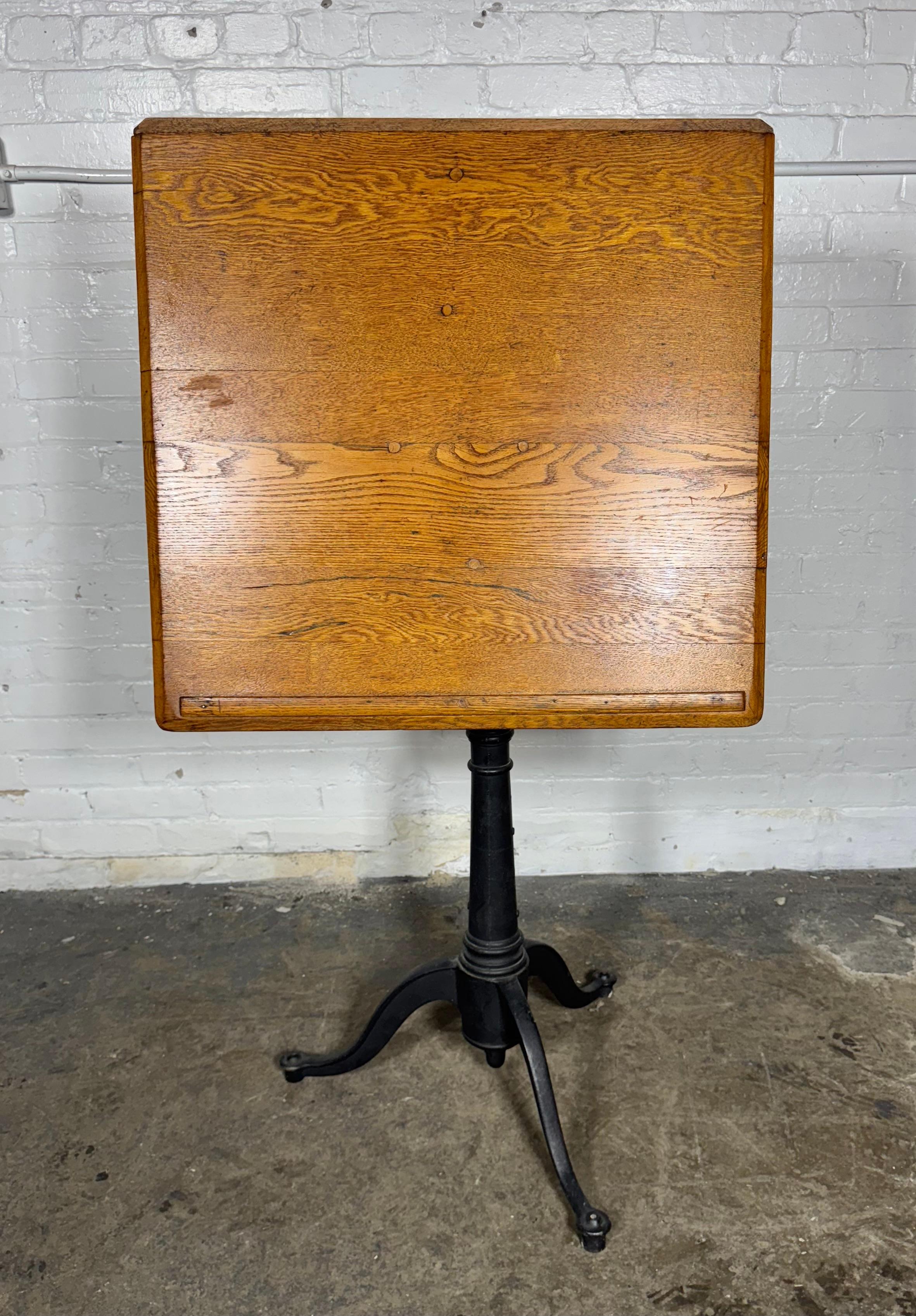 Vintage Cast Iron & Oak  Articulating Tripod Base Drafting Table , TILT / SWIVEL In Good Condition In Buffalo, NY