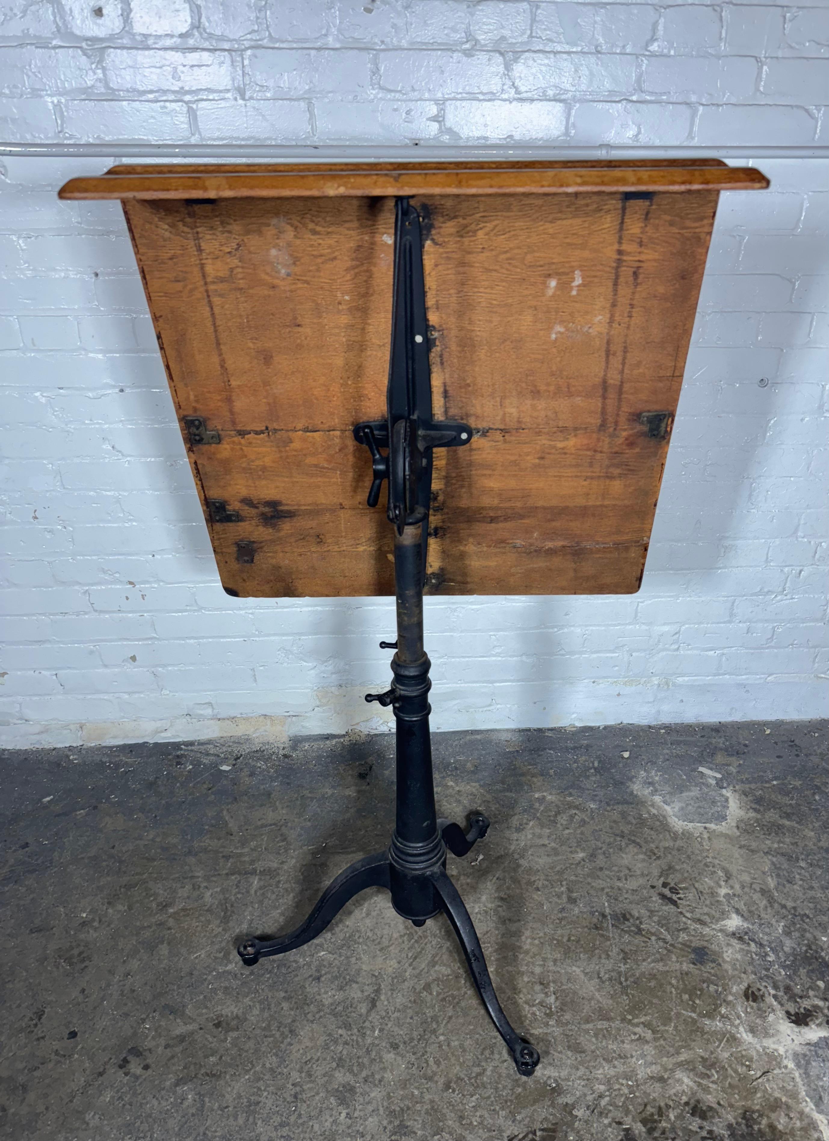 20th Century Vintage Cast Iron & Oak  Articulating Tripod Base Drafting Table , TILT / SWIVEL