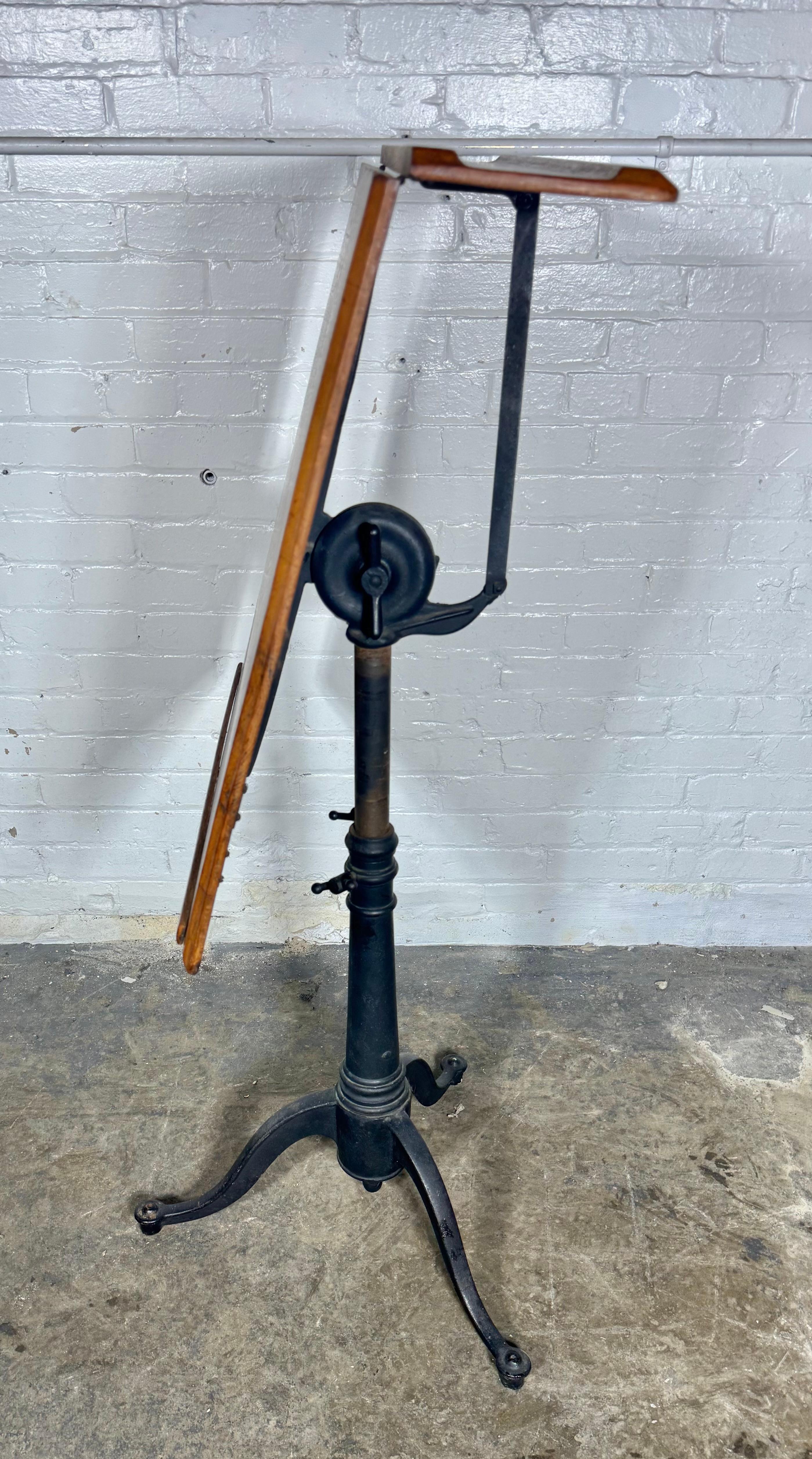 Vintage Cast Iron & Oak  Articulating Tripod Base Drafting Table , TILT / SWIVEL 1