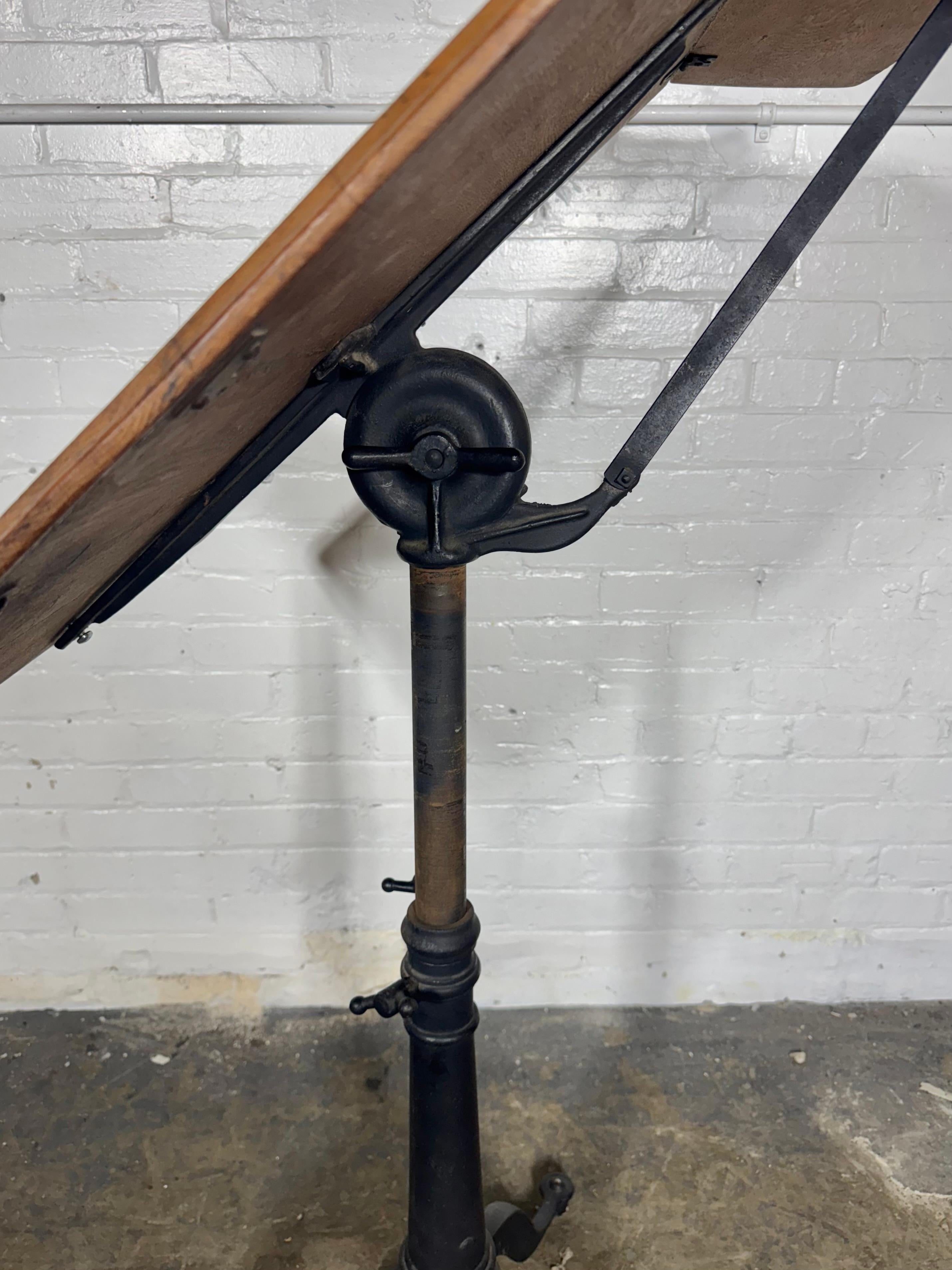 Vintage Cast Iron & Oak  Articulating Tripod Base Drafting Table , TILT / SWIVEL 2