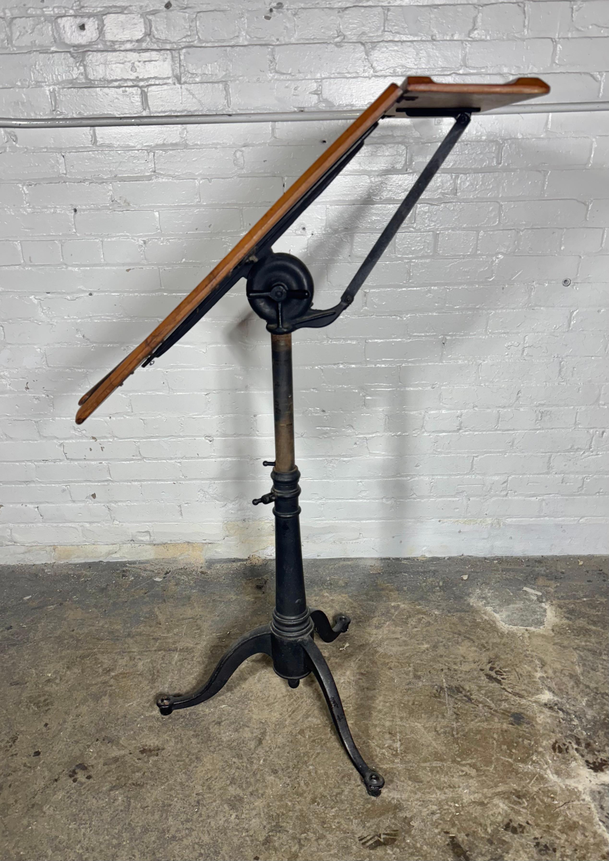 Vintage Cast Iron & Oak  Articulating Tripod Base Drafting Table , TILT / SWIVEL 3