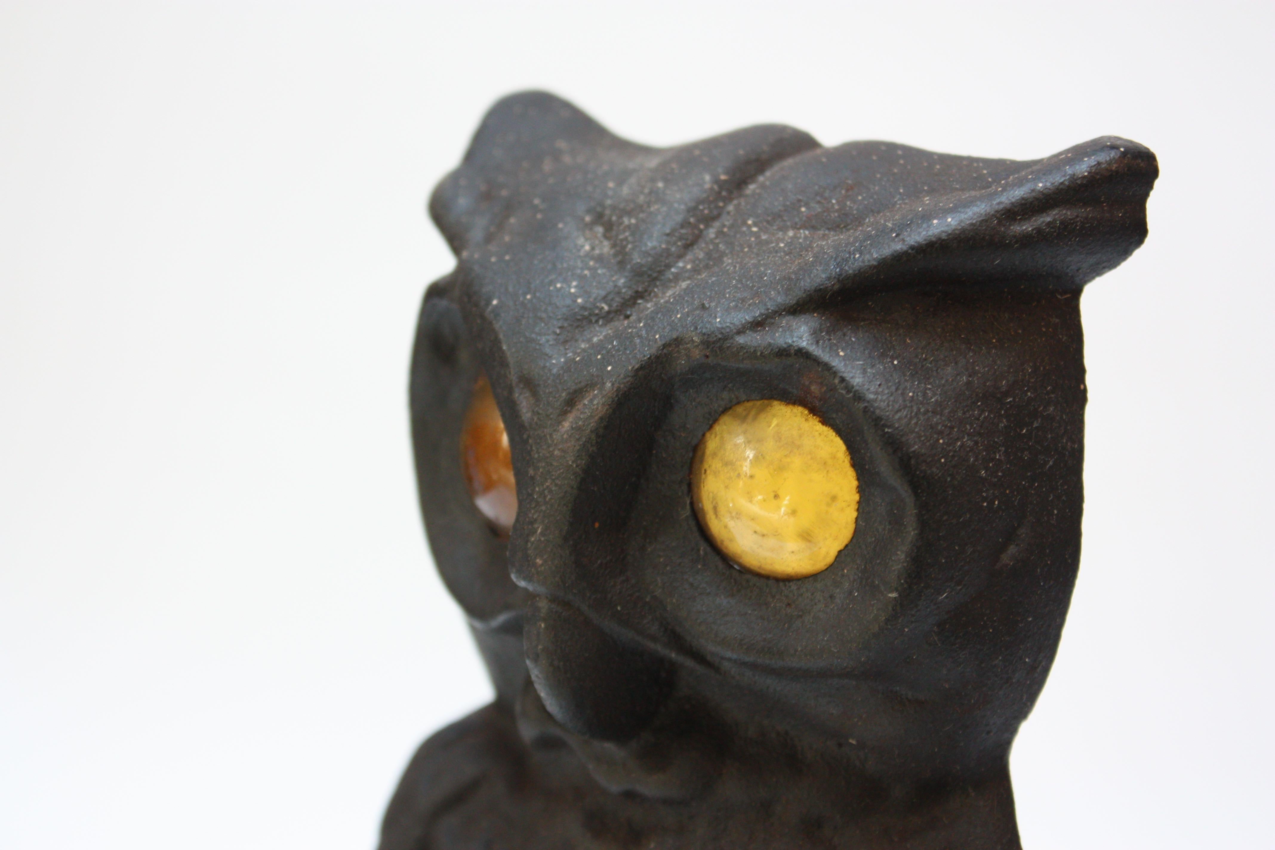 Vintage Cast Iron Owl Andirons with Amber Glass Eyes 1