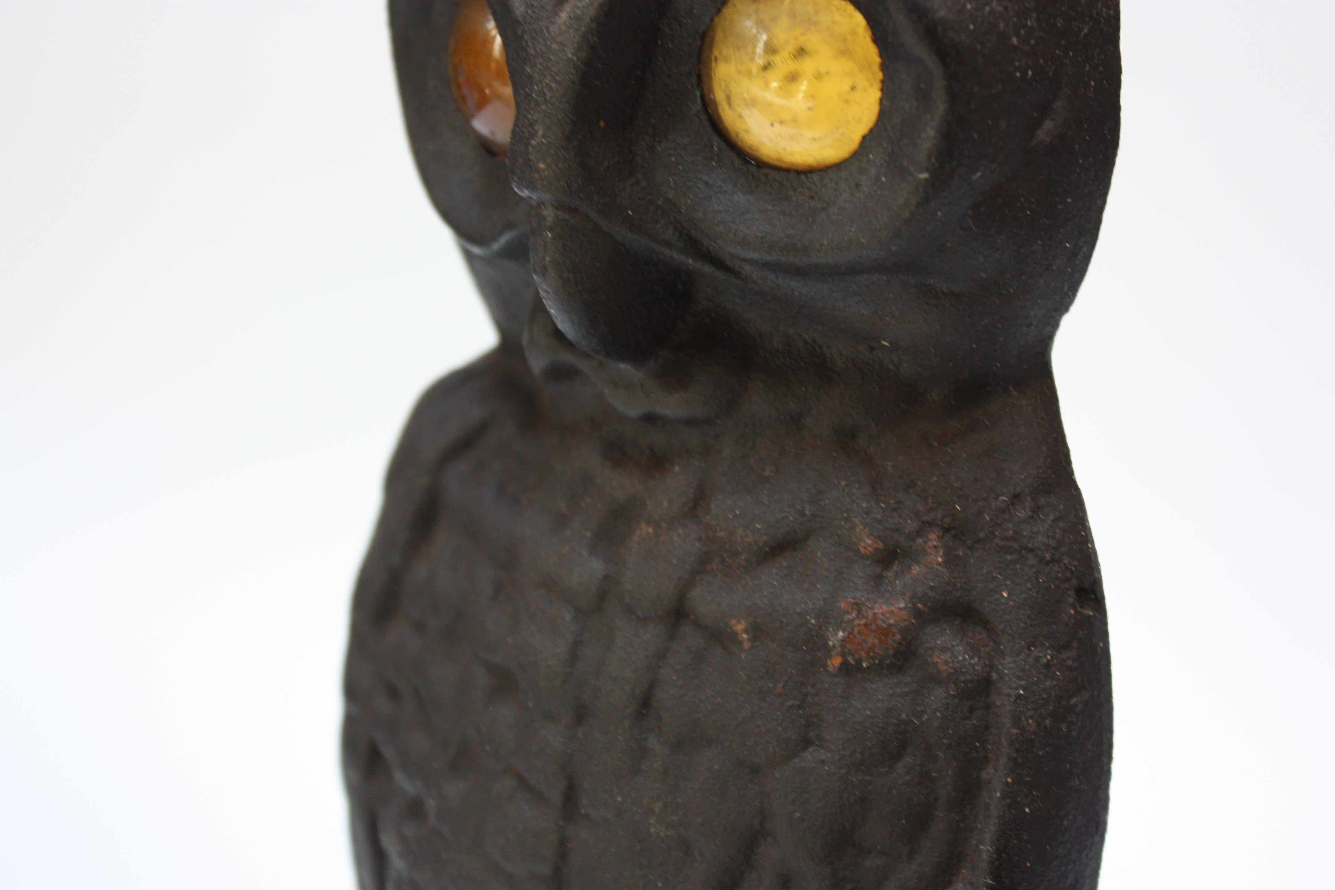 Vintage Cast Iron Owl Andirons with Amber Glass Eyes 2