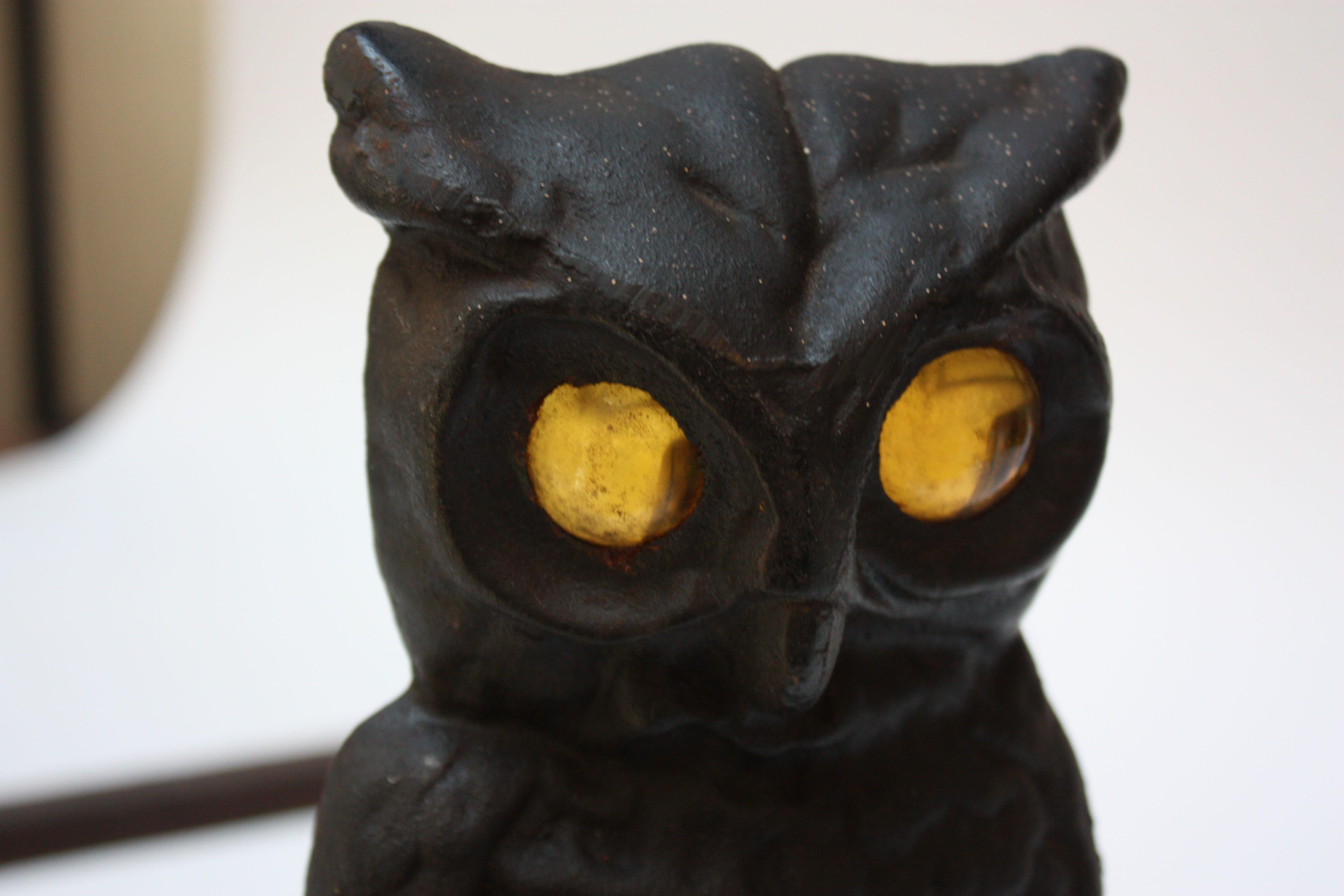 Early 20th Century Vintage Cast Iron Owl Andirons with Amber Glass Eyes