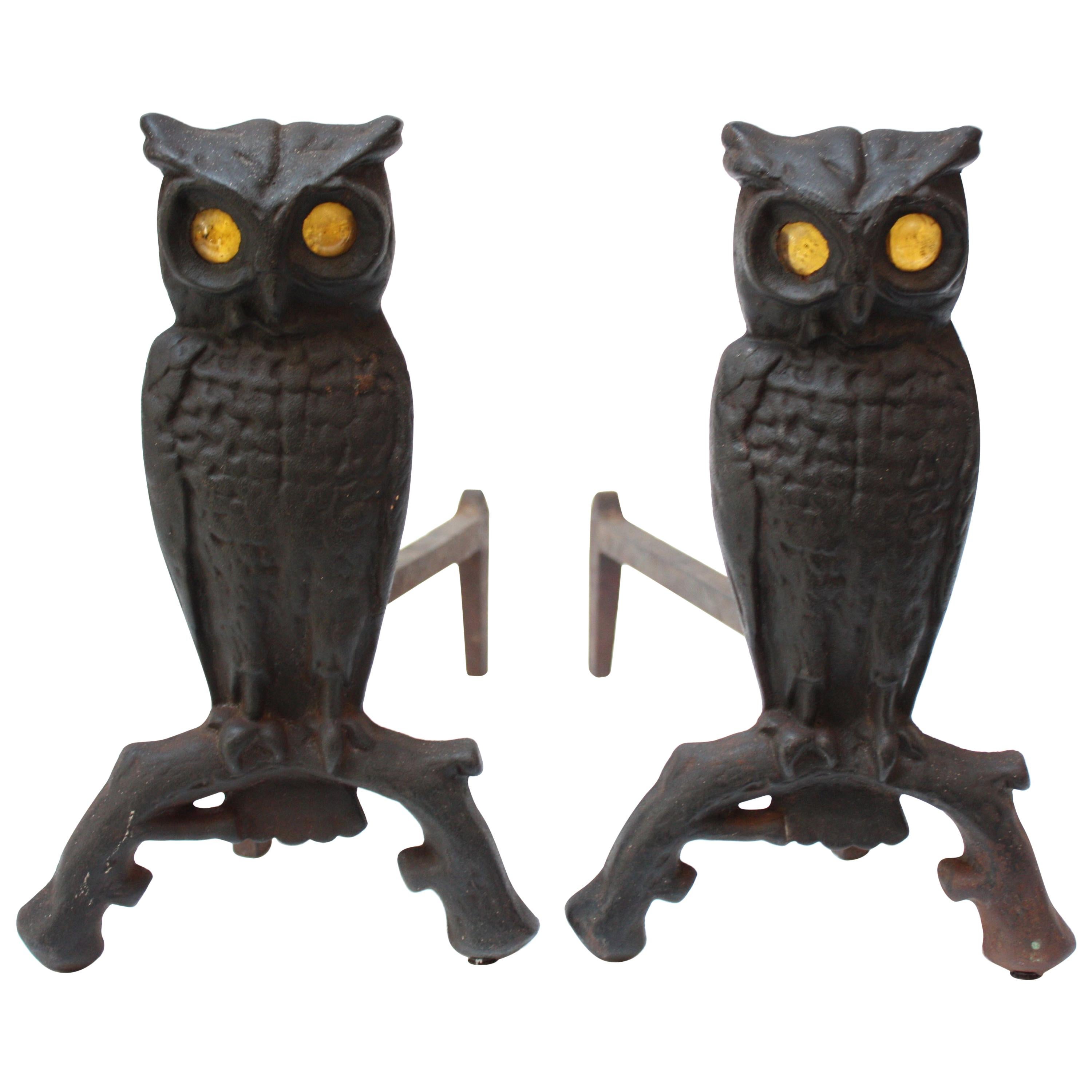 Vintage Cast Iron Owl Andirons with Amber Glass Eyes