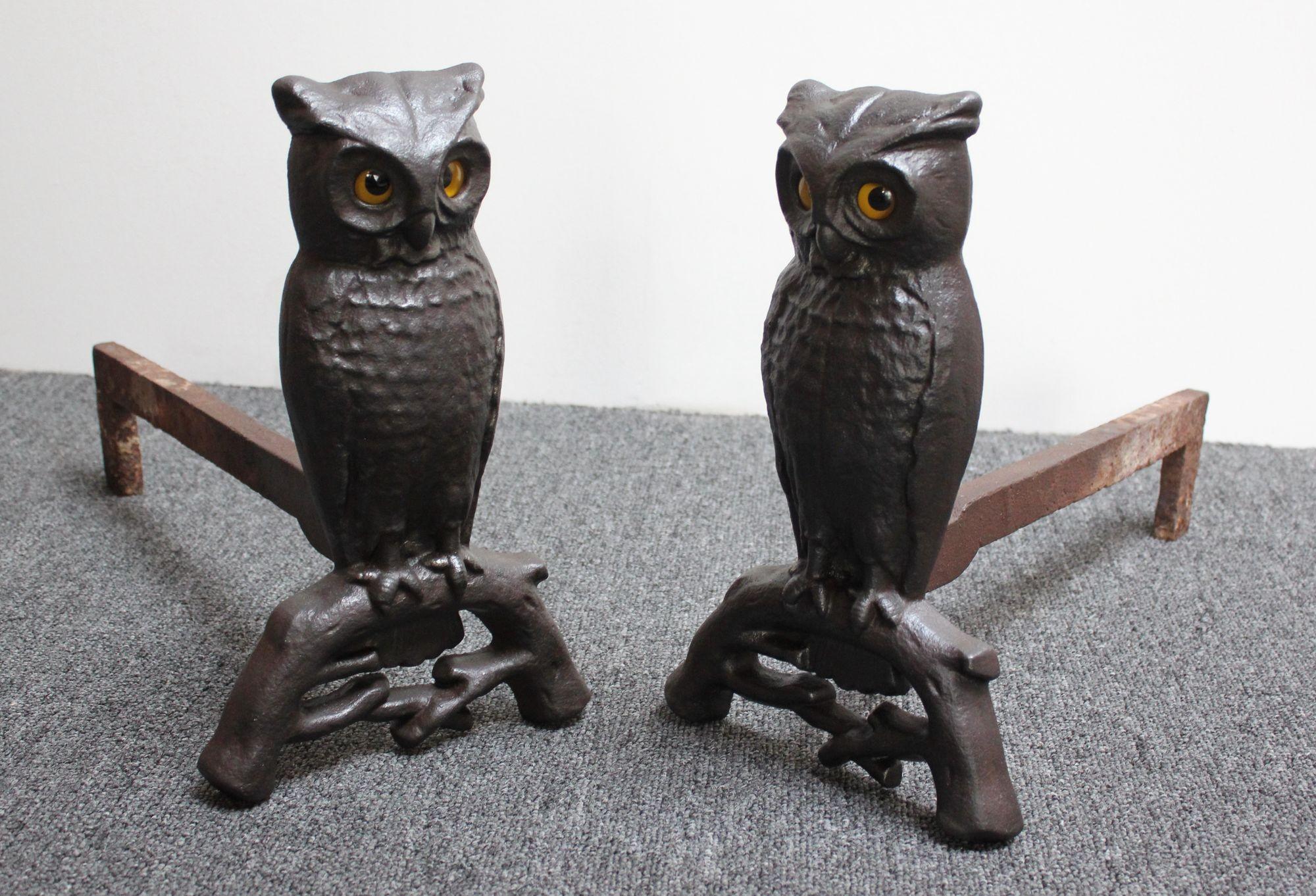 Vintage Cast Iron Owl Andirons with Glass Eyes 4