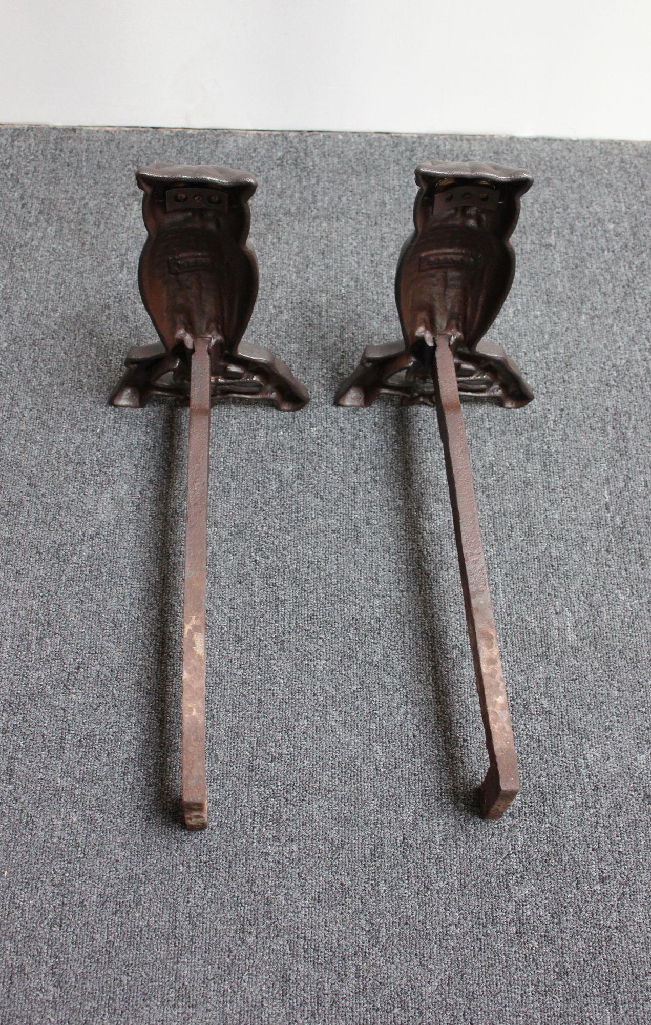 Vintage Cast Iron Owl Andirons with Glass Eyes 6