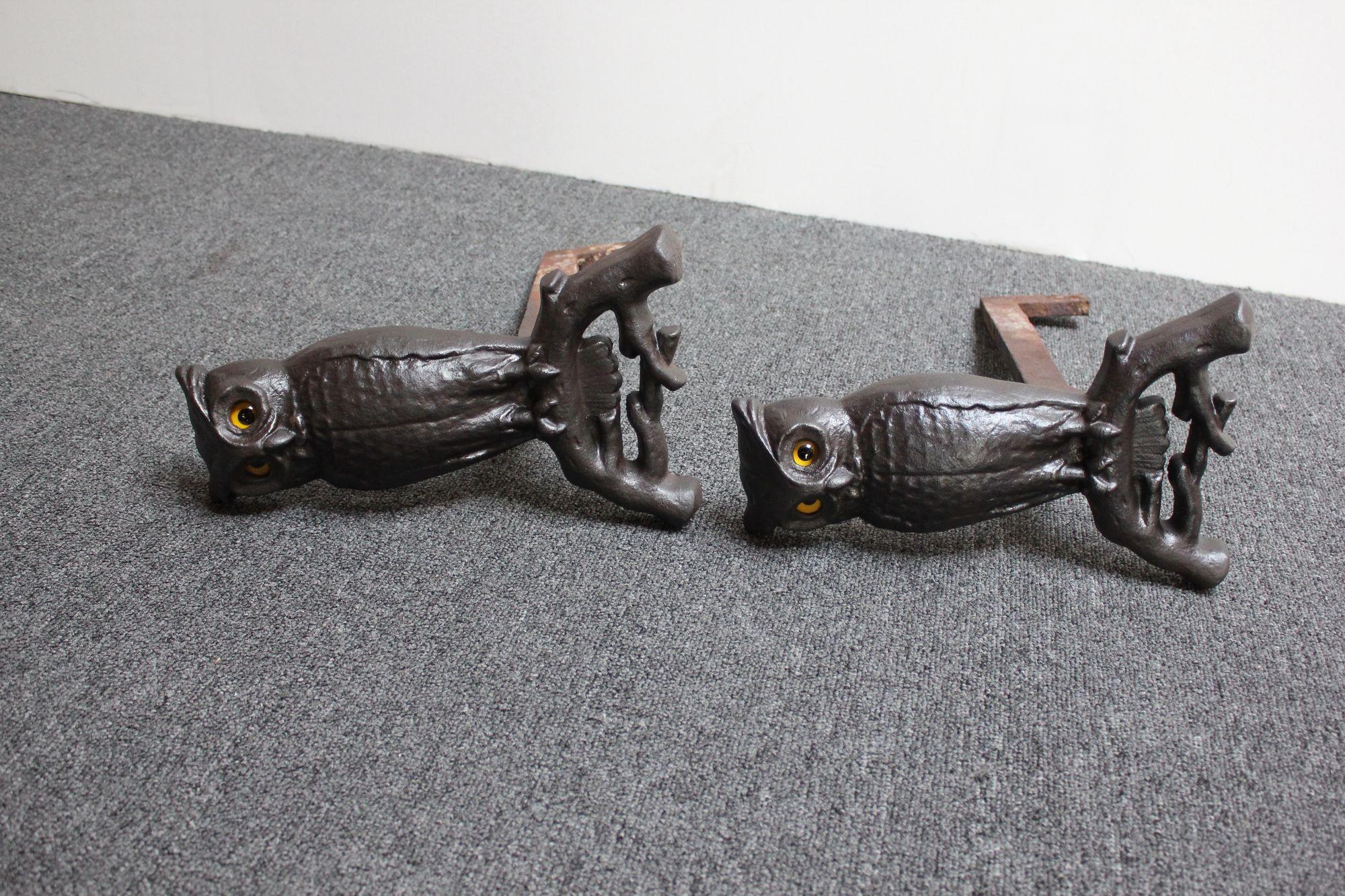 American Colonial Vintage Cast Iron Owl Andirons with Glass Eyes