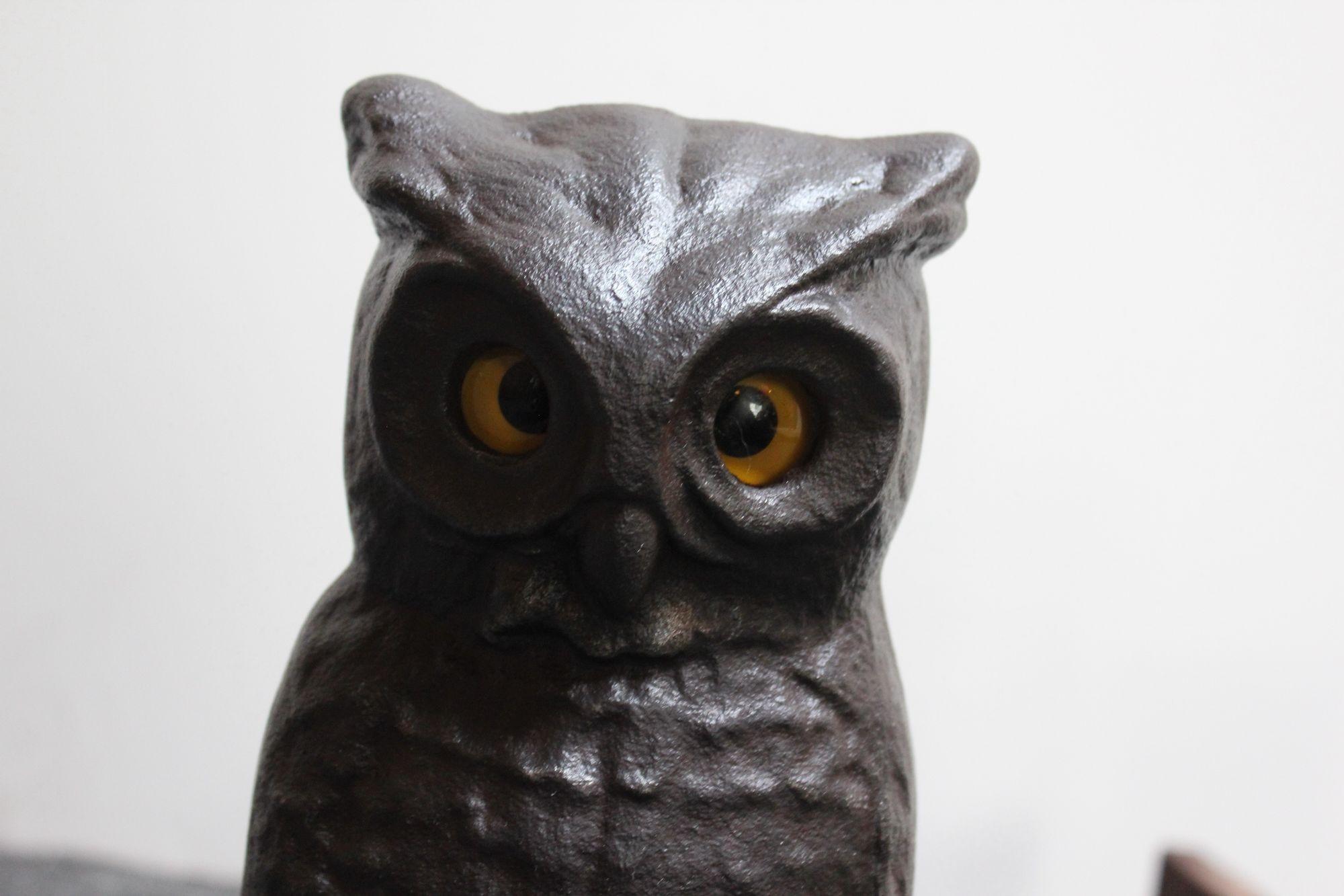 Vintage Cast Iron Owl Andirons with Glass Eyes In Distressed Condition In Brooklyn, NY