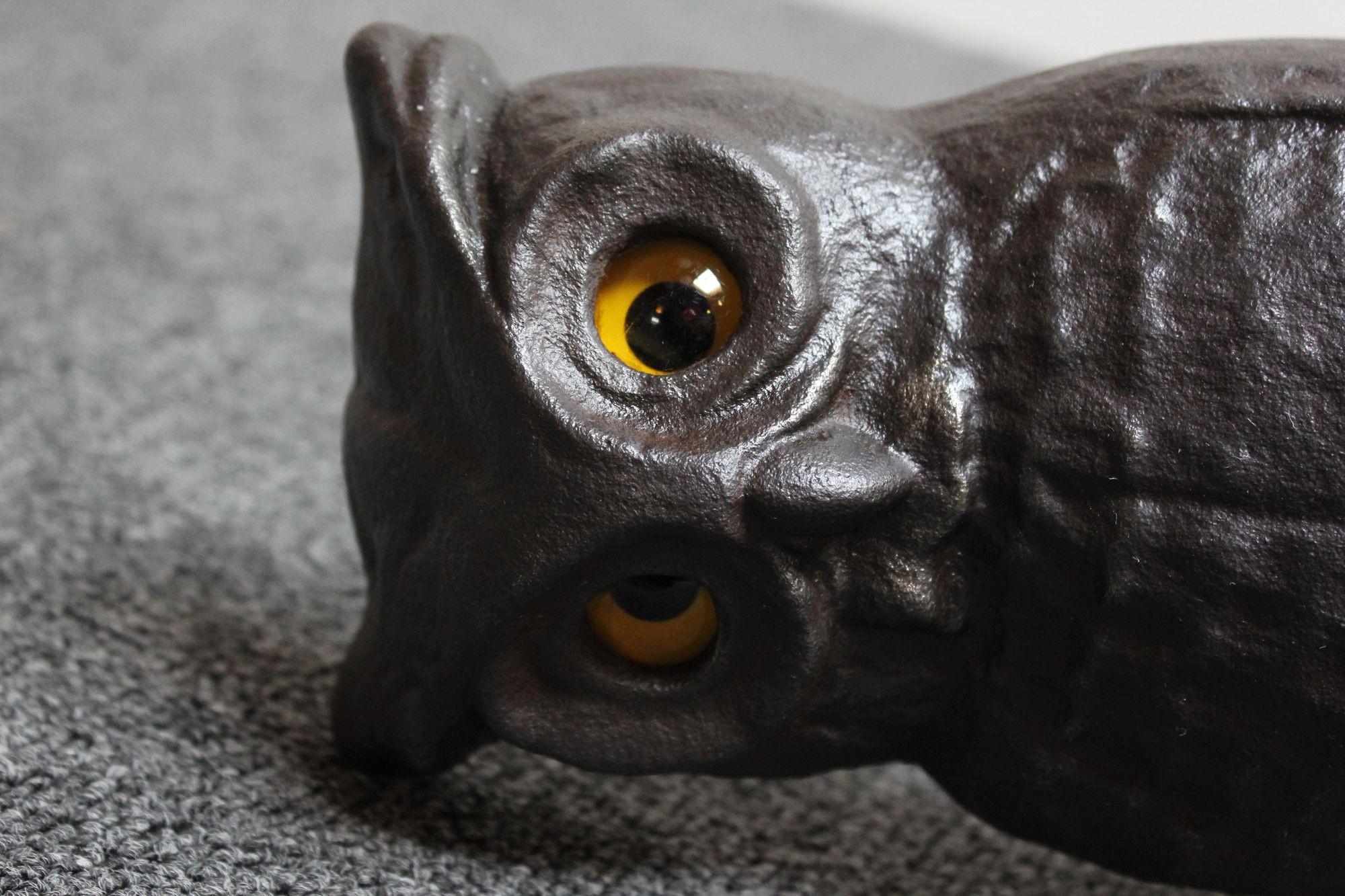 Mid-20th Century Vintage Cast Iron Owl Andirons with Glass Eyes