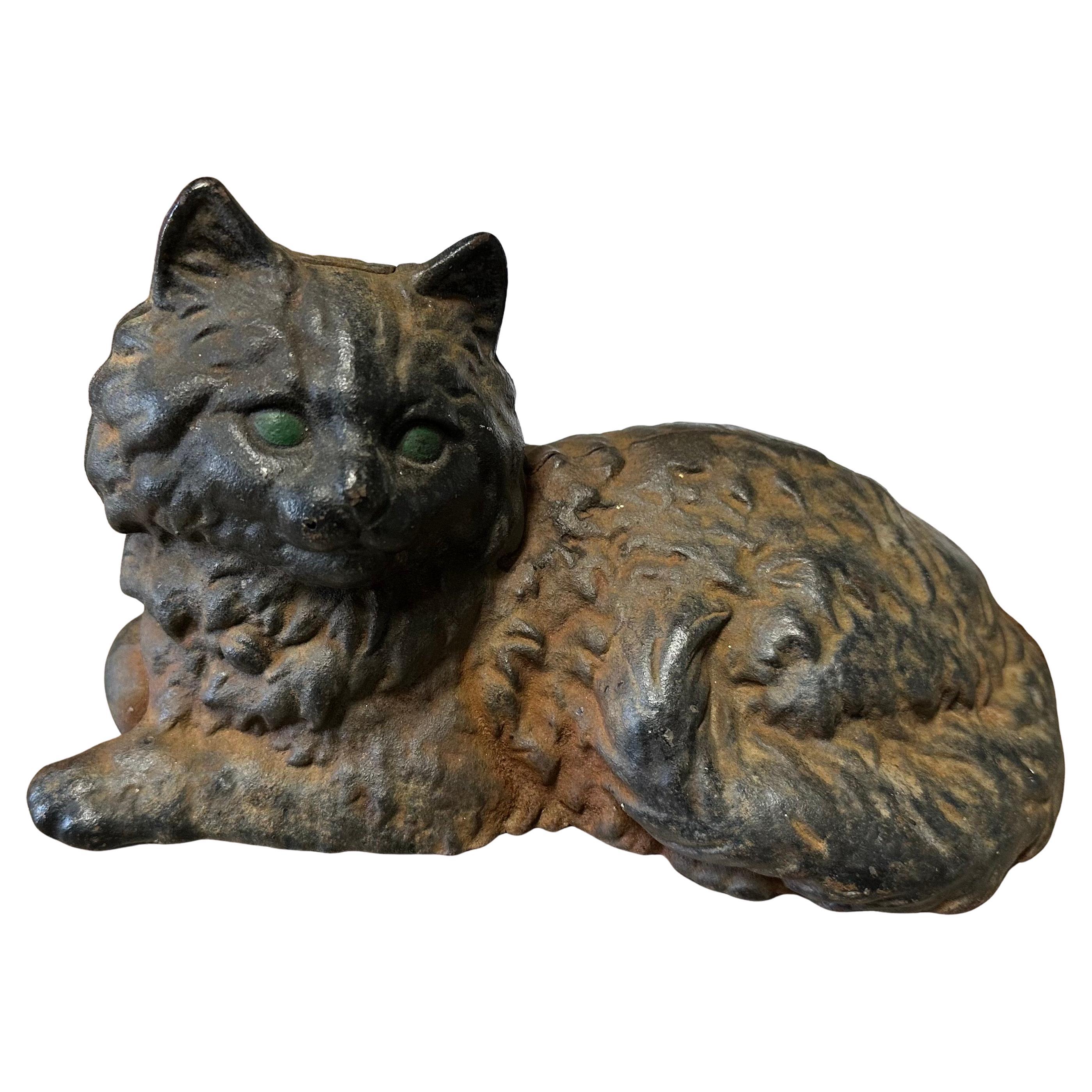 Vintage Cast Iron Patinated Green Eyed Black Cat Doorstop / Sculpture by Hubley