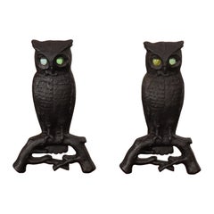 Vintage Cast Iron Perched Owl Andirons with Blue Green Glass Eyes