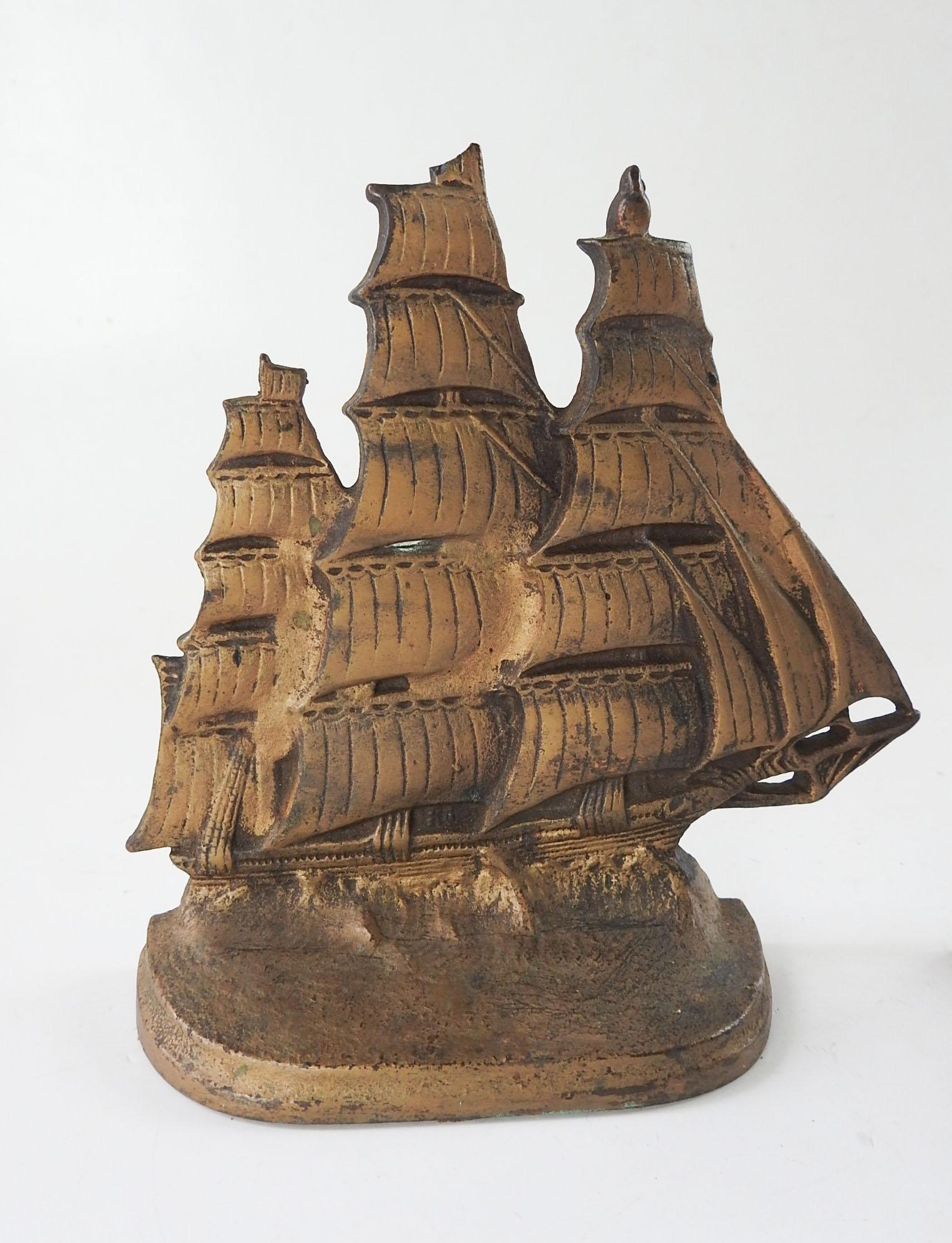 North American Vintage Cast Iron Sailing Ship Bookends For Sale