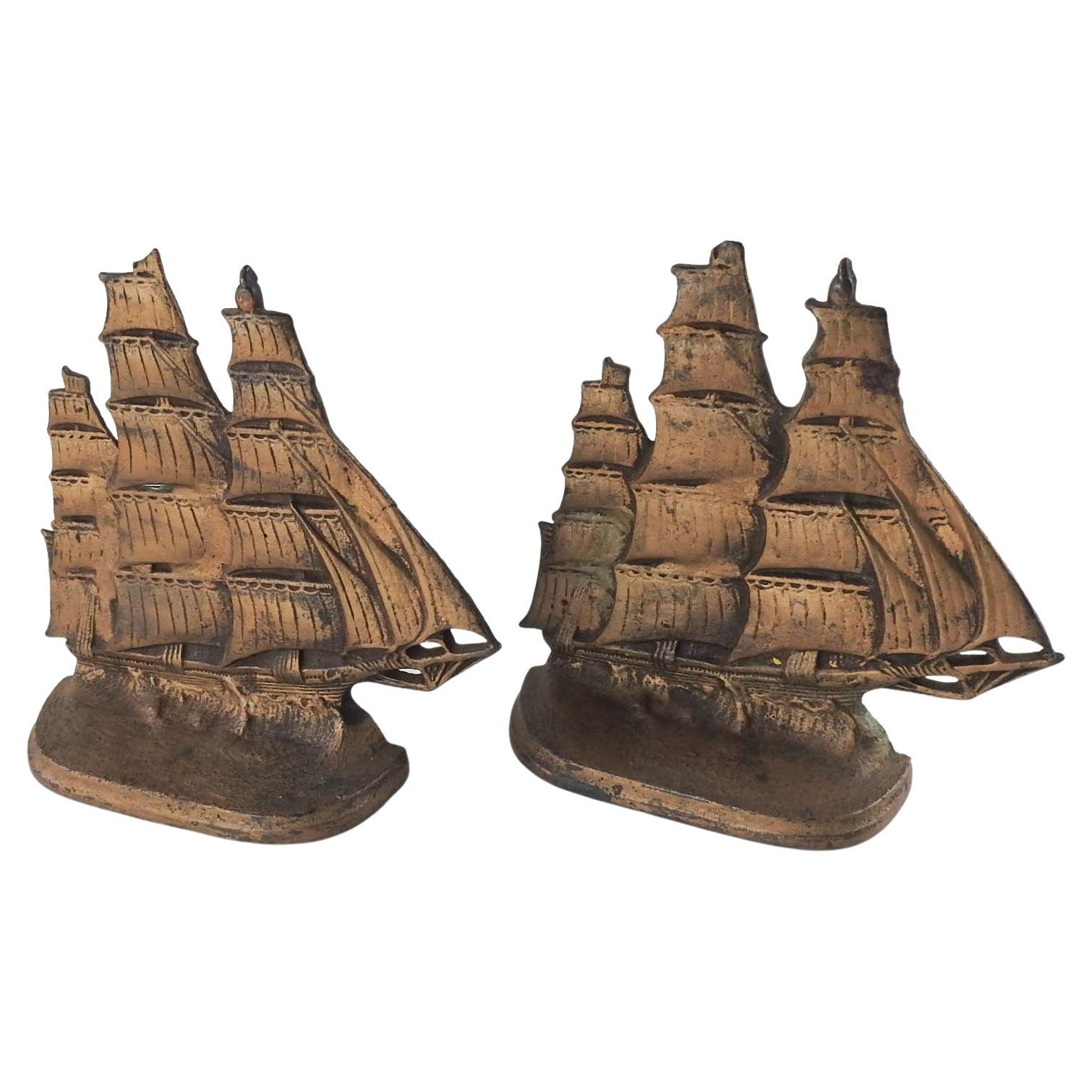 Vintage Cast Iron Sailing Ship Bookends For Sale
