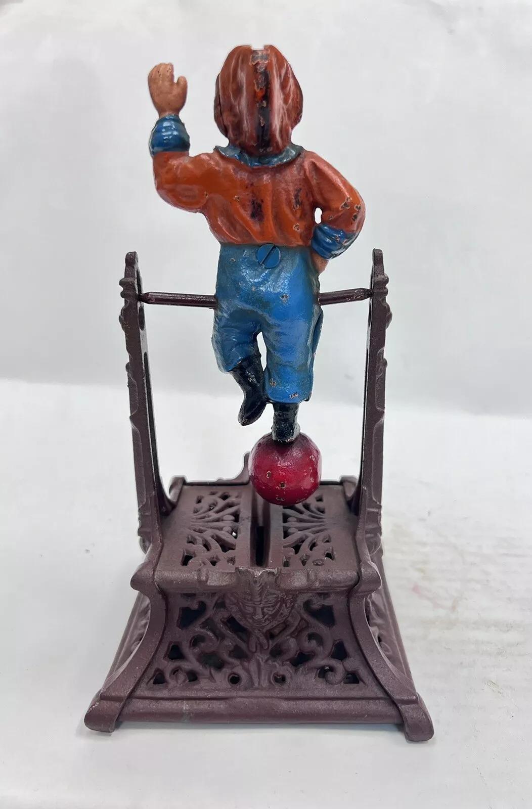 20th Century Vintage Cast Iron Still Bank Boy On Trapeze Book Of Knowledge Mechanical Bank