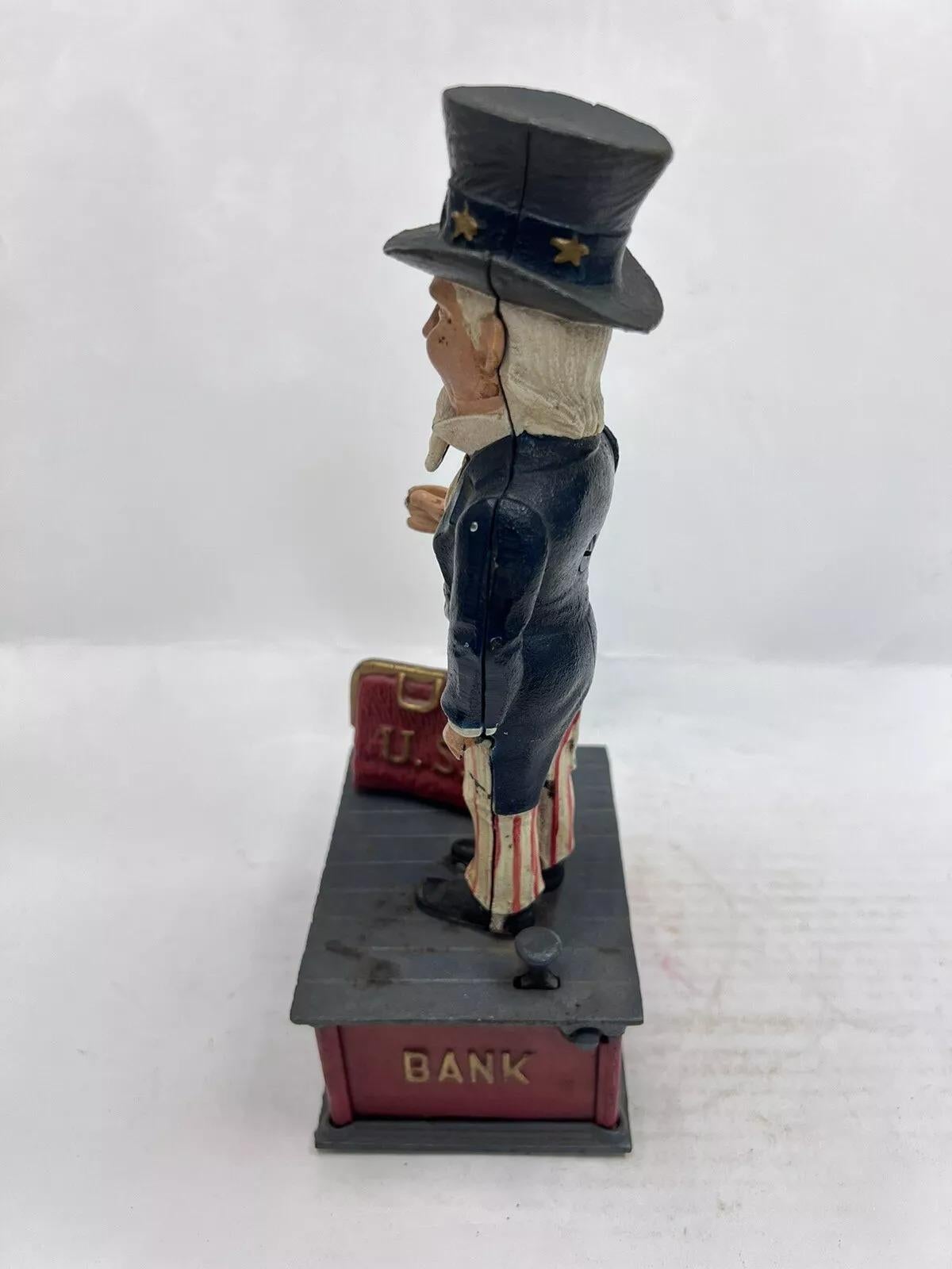 Art Deco Vintage Cast Iron Still Bank Uncle Sam Novelty Bank Book of Knowledge For Sale
