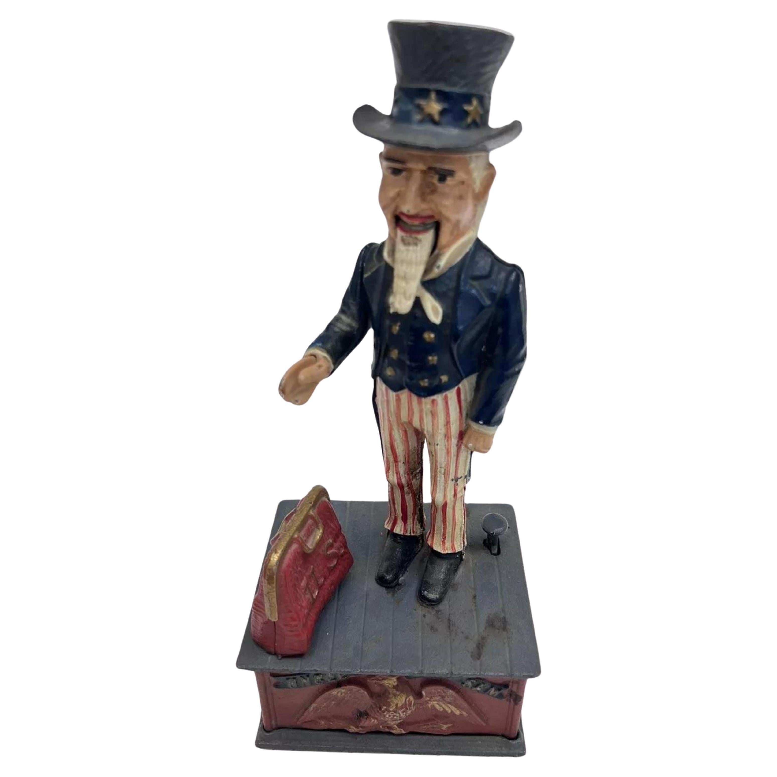 Vintage-Stillbank aus Gusseisen, Uncle Sam, Neuheitsbank, Bankbuch des Wissens