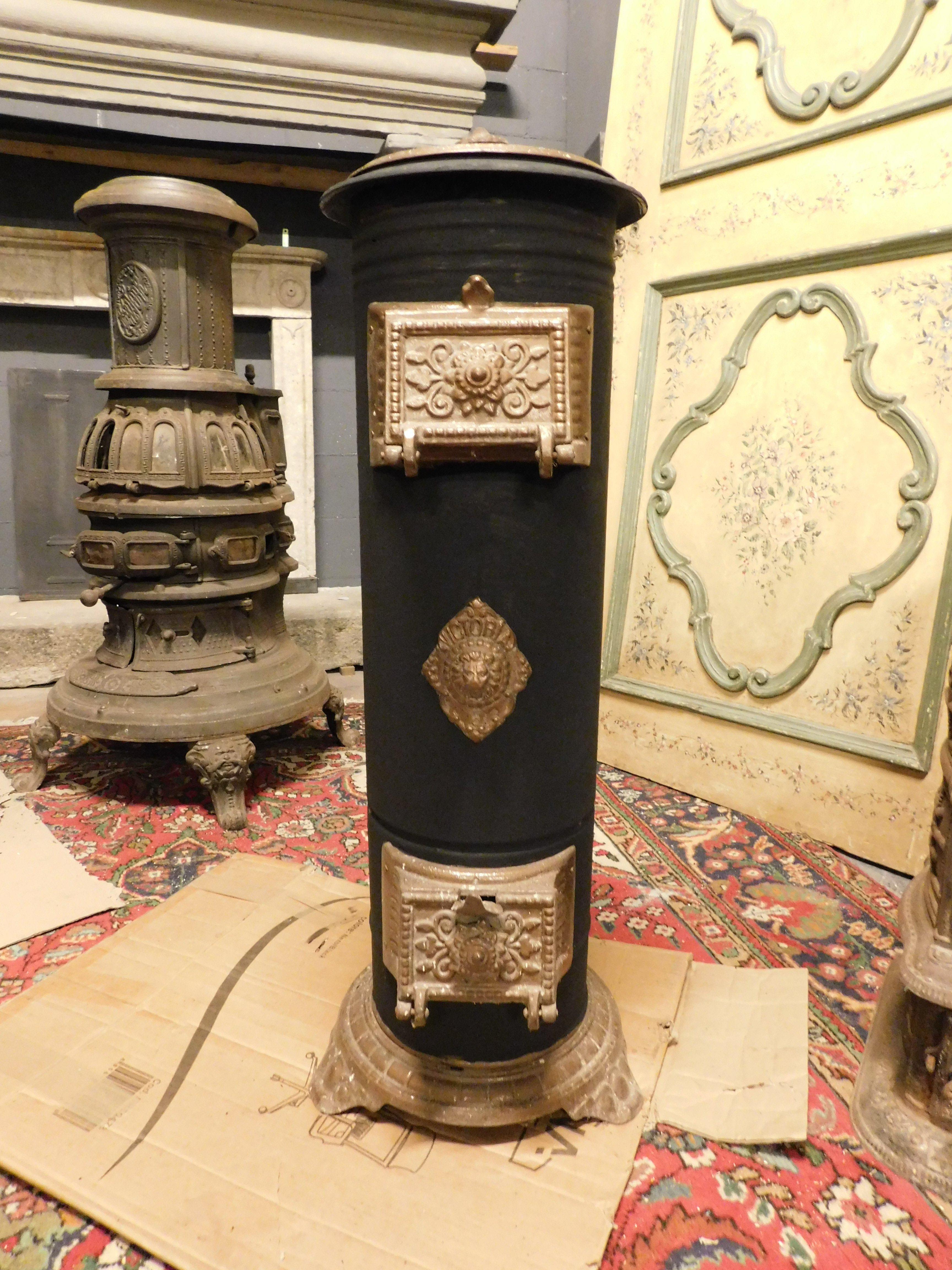 Italian Vintage cast iron stove, black and gold enamelled, Italy