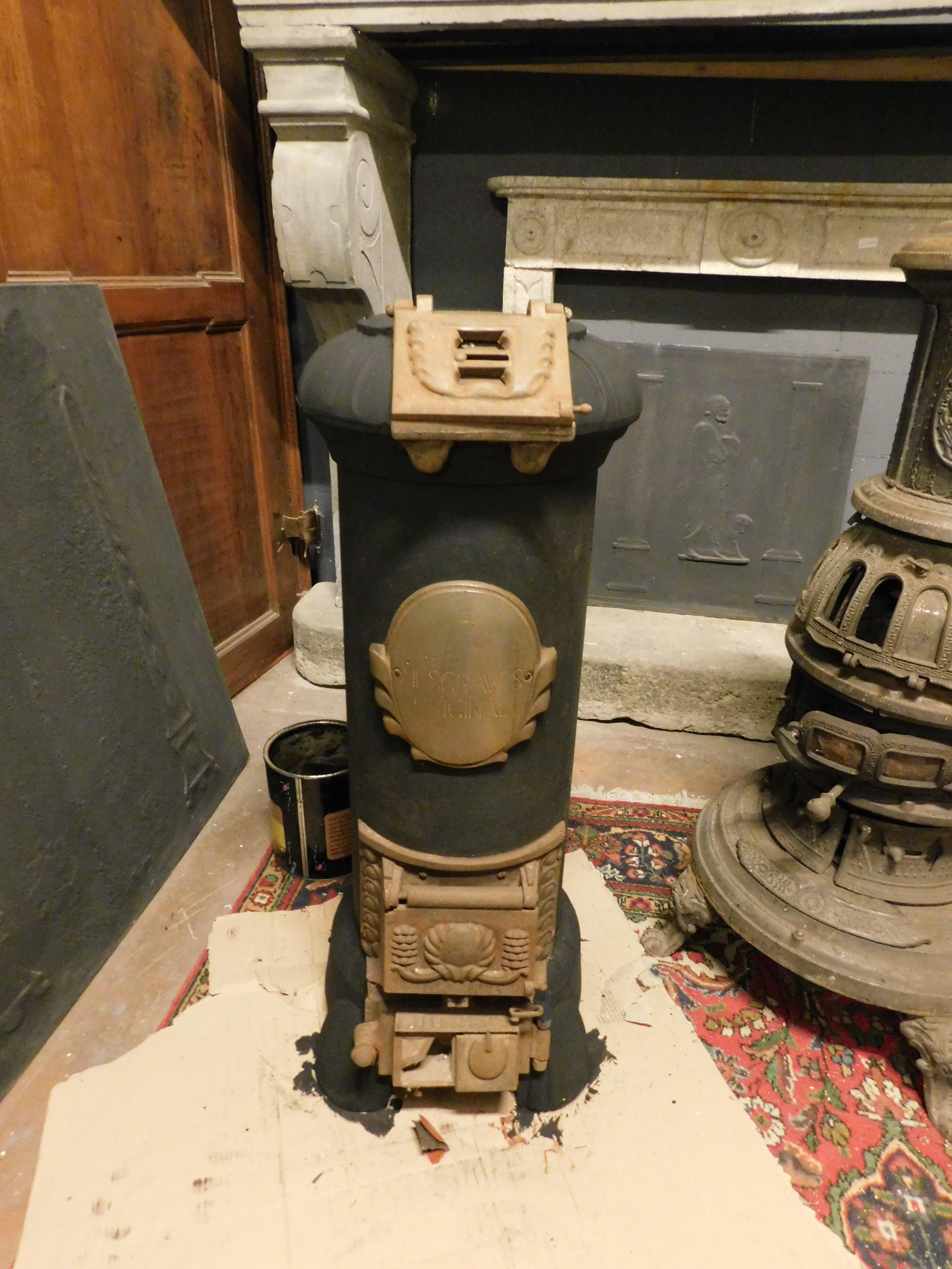 Vintage cast iron stove, black and gold enamelled, Italy 1