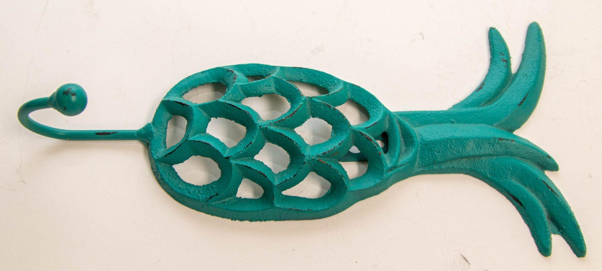 20th Century Vintage Cast Iron Tropical Yellow and Green Pineapple Coat Hook For Sale