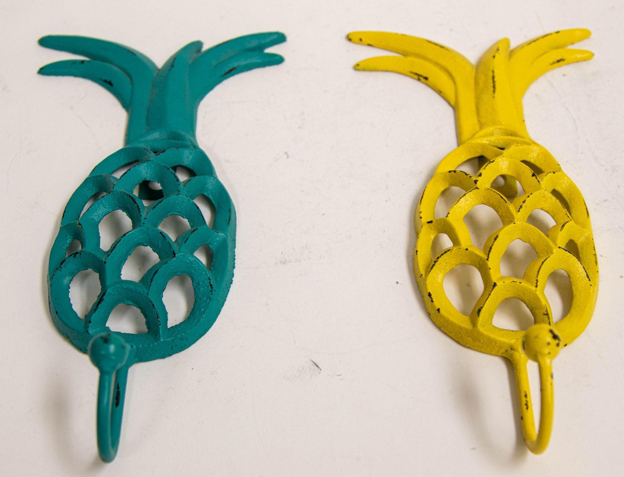 Vintage Cast Iron Tropical Yellow and Green Pineapple Coat Hook For Sale 3