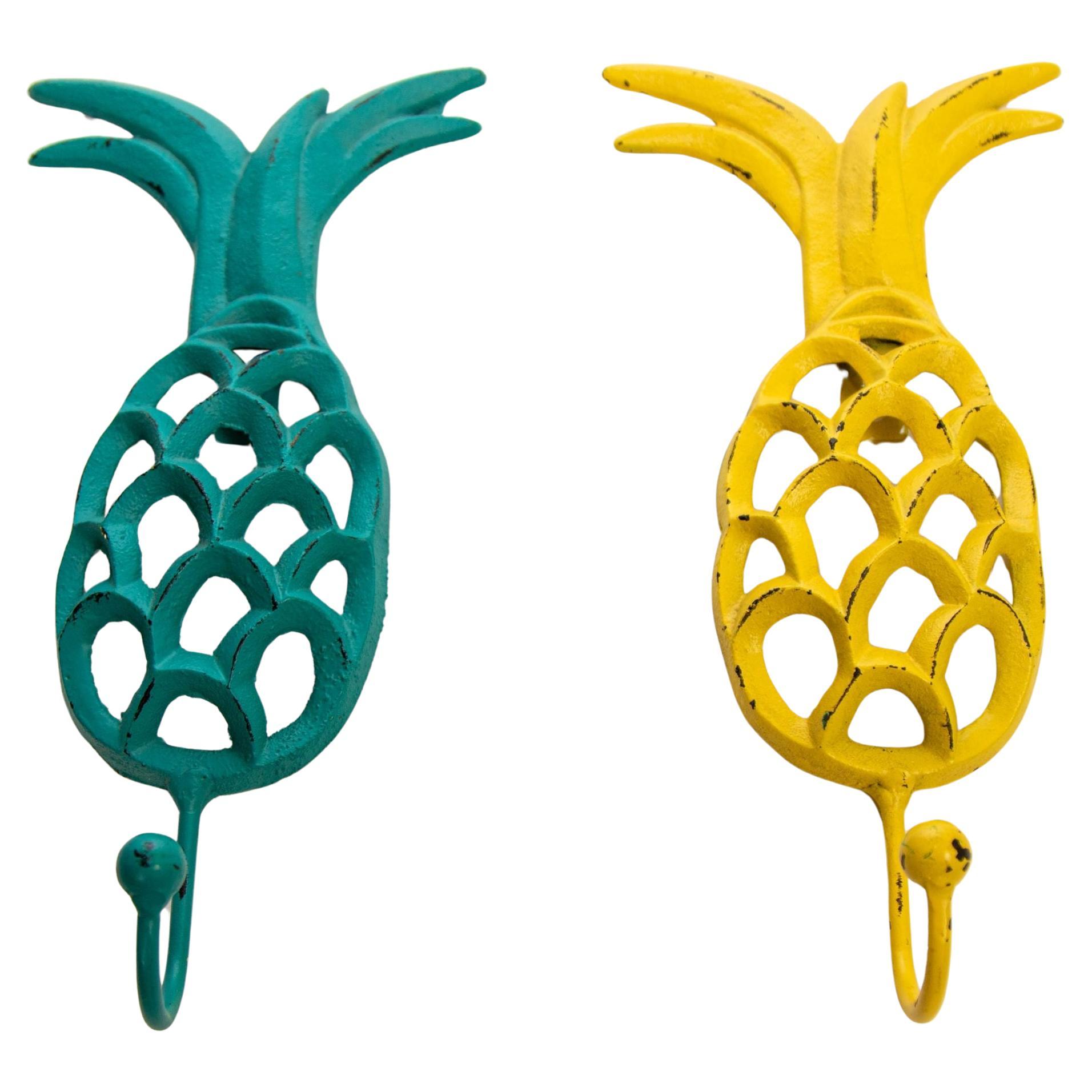 Vintage Cast Iron Tropical Yellow and Green Pineapple Coat Hook For Sale
