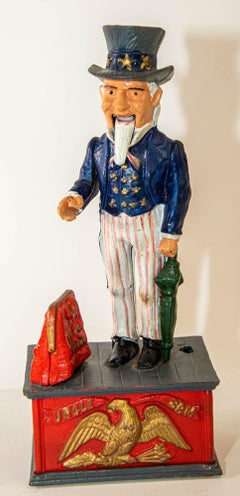 Vintage Cast Iron "Uncle Sam" Toy Bank Box North American